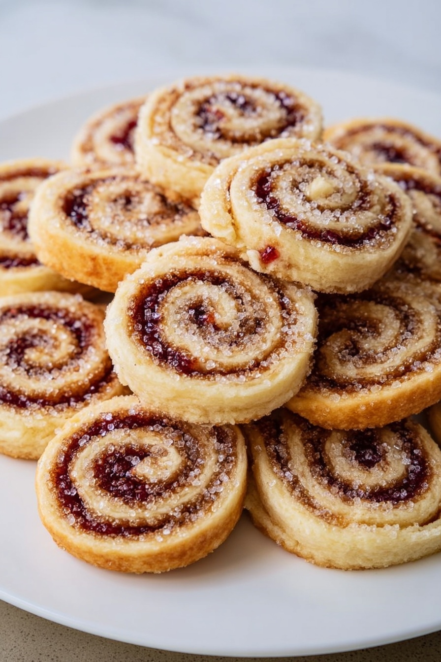 Raspberry Cream Cheese Pinwheel Cookies, easy cookie recipes, raspberry dessert ideas, no-bake cookie treats, party cookie recipes - A white plate filled with about a dozen round pastry pinwheels stacked in a small pile. Each pinwheel has a light golden dough base rolled with layers of dark red jam and a cinnamon-brown filling creating a spiral pattern. Large white sugar crystals are sprinkled on top of the pinwheels, adding a rough, crunchy texture that sparkles under light. The plate sits on a white marbled surface. Photo taken with an iphone --ar 2:3 --v 7