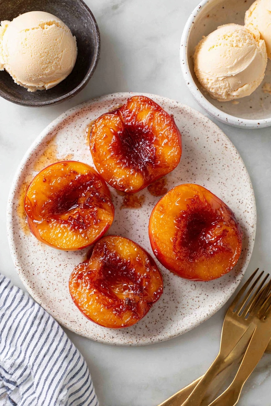Air Fryer Peaches with Cinnamon, air fryer peach dessert, caramelized cinnamon peaches, quick fruit dessert, healthy peach recipes - The image shows five cooked peach halves with a shiny, caramelized reddish-brown glaze on a round white speckled plate. Each peach half has a golden-orange color with a darker brown edge and a glossy wet center. The plate sits on a white marbled surface, and to the top left, there is a small dark bowl containing two rounded scoops of pale cream-colored ice cream. To the top right, a white speckled bowl holds three gold forks. In the bottom left corner, a white fabric with navy blue stripes is visible. photo taken with an iphone --ar 2:3 --v 7