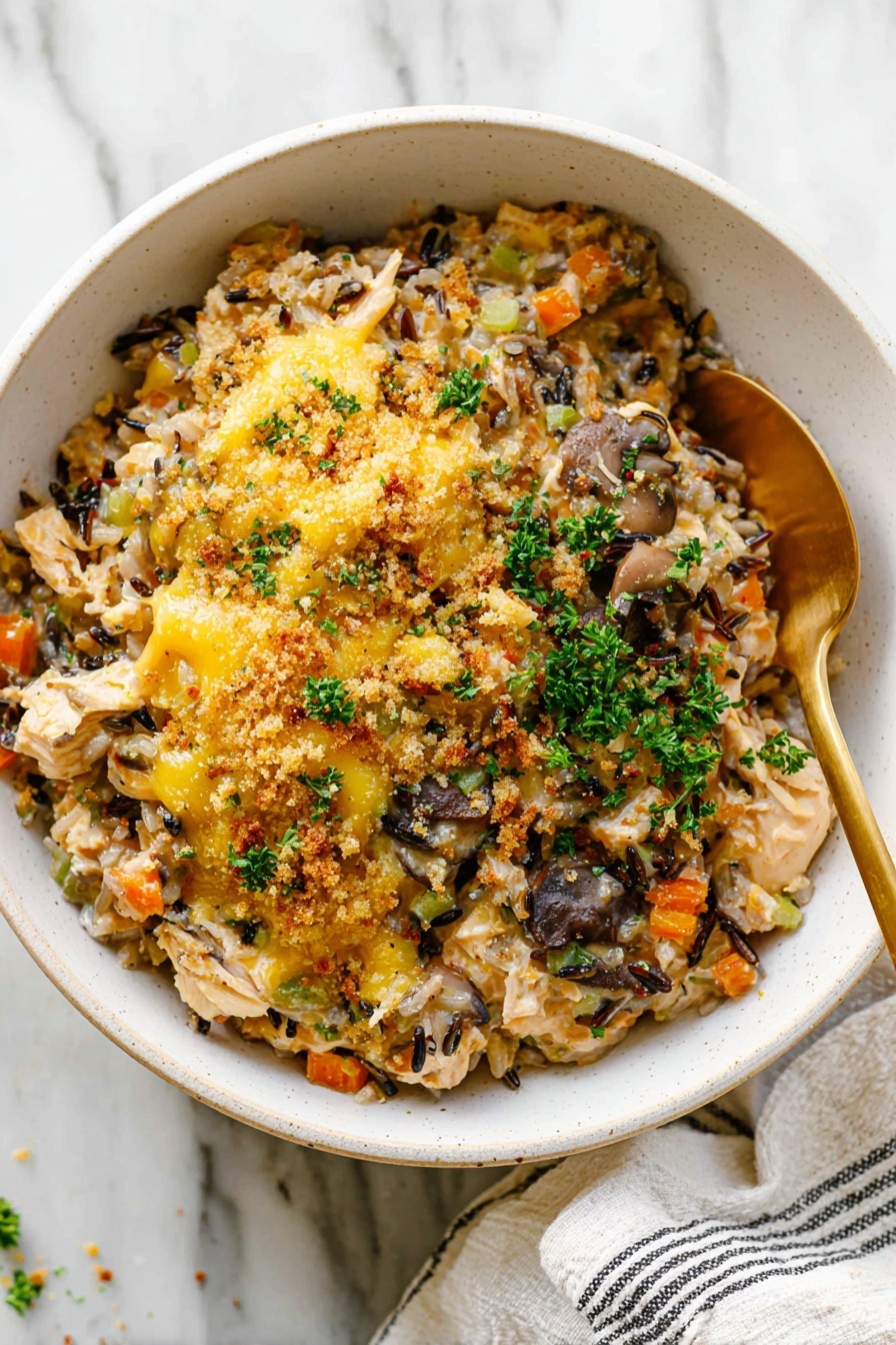 Creamy Chicken Wild Rice Casserole, hearty chicken and rice bake, easy wild rice casserole, comfort food chicken casserole, homemade creamy rice dish - A white bowl filled with a creamy dish that has three main layers: the bottom layer is a mix of wild rice and small diced orange and light green vegetables, the middle layer contains tender pieces of light brown chicken and browned mushroom slices, and the top layer is covered with melted yellow cheese, green parsley, and golden breadcrumbs sprinkled evenly. A gold spoon is placed inside the bowl on the right side, and the bowl sits on a white marbled surface with a white cloth featuring dark stripes nearby, photo taken with an iphone --ar 2:3 --v 7
