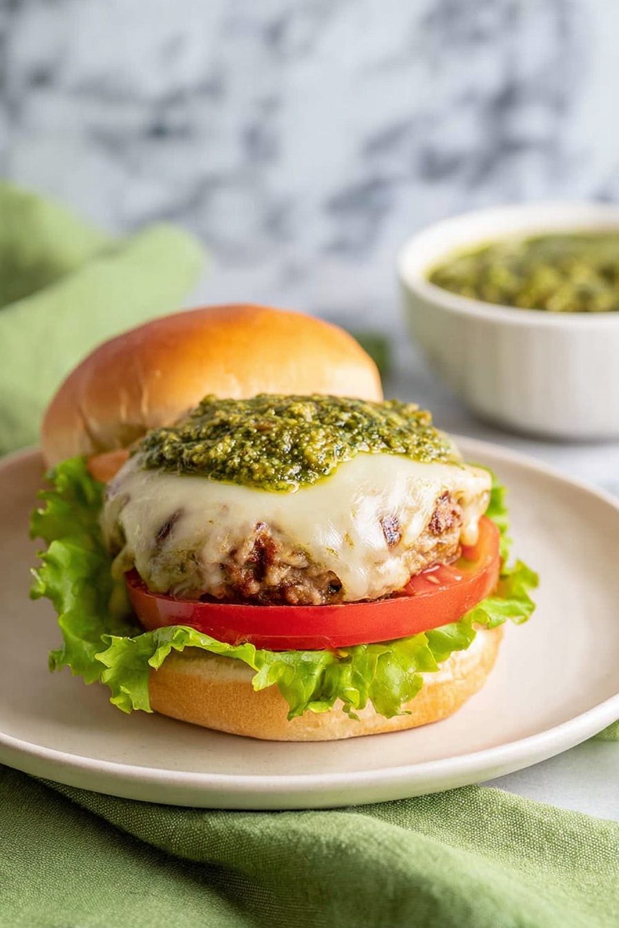 Spinach Chicken Burgers, healthy chicken burger recipe, easy spinach burger patties, juicy chicken burger ideas, pesto chicken burger - A burger sits on a white plate with a white marbled surface beneath, showing four main layers. The bottom layer is a light golden brown bun with a soft texture, topped with a fresh, bright green leaf of lettuce. Above the lettuce is a thick, red slice of tomato. On top of the tomato is a grilled patty with a slightly browned and textured surface, covered with melted white cheese that softly drapes over the edges. The top layer is a generous amount of green pesto sauce spread on the melted cheese. The top half of the bun is placed slightly behind the plate. In the background, to the right, there is a white bowl filled with the same green pesto sauce, and a green cloth is draped partly under the plate. Photo taken with an iphone --ar 2:3 --v 7