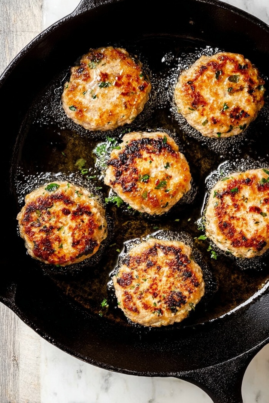 Mediterranean Chicken Patties, healthy chicken patties, easy Mediterranean dinner, flavorful chicken recipes, Mediterranean ground chicken - There is a black cast iron pan with six small round patties frying in oil. The patties are golden brown with some darker brown spots and have small green herb pieces mixed inside. The surface of the patties looks slightly rough with a cooked texture. The pan is placed on a white marbled surface. photo taken with an iphone --ar 2:3 --v 7