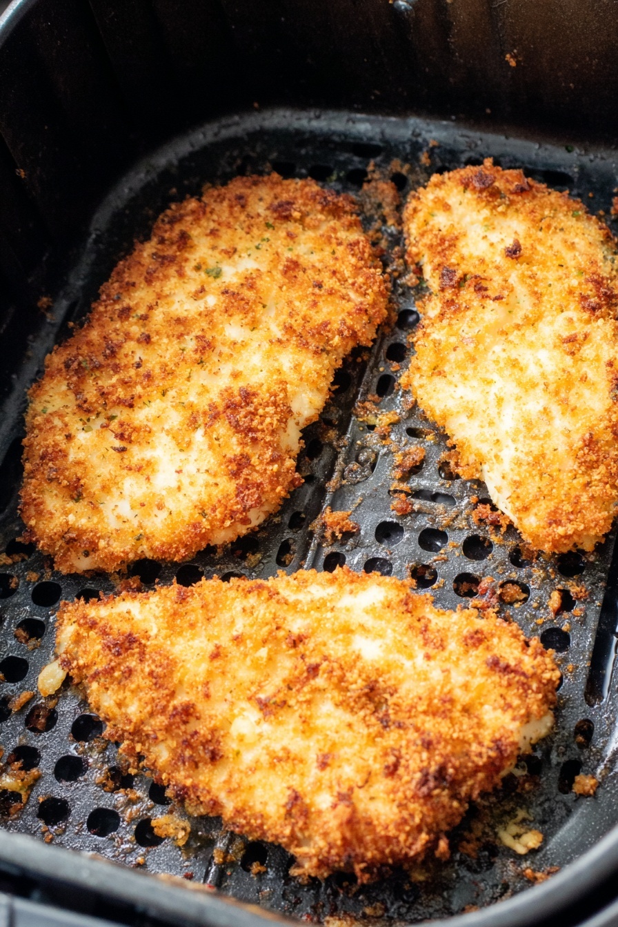 Air Fryer Parmesan Crusted Chicken, crispy chicken, easy chicken recipes, healthy chicken dinner, quick dinner ideas - Inside a black air fryer basket, there are three pieces of breaded and cooked chicken, each with a golden brown crunchy coating that has some darker crispy spots. The pieces are uneven in shape, with one noticeably larger and placed near the bottom center, while the other two are smaller and positioned toward the top left and right corners. Small crumbs and bits of the coating are scattered around the chicken on the base of the basket, which has a slightly shiny black metal grid design and ventilation holes. The scene is brightly lit, showing texture details of the crispy surface and the basket's interior. photo taken with an iphone --ar 2:3 --v 7