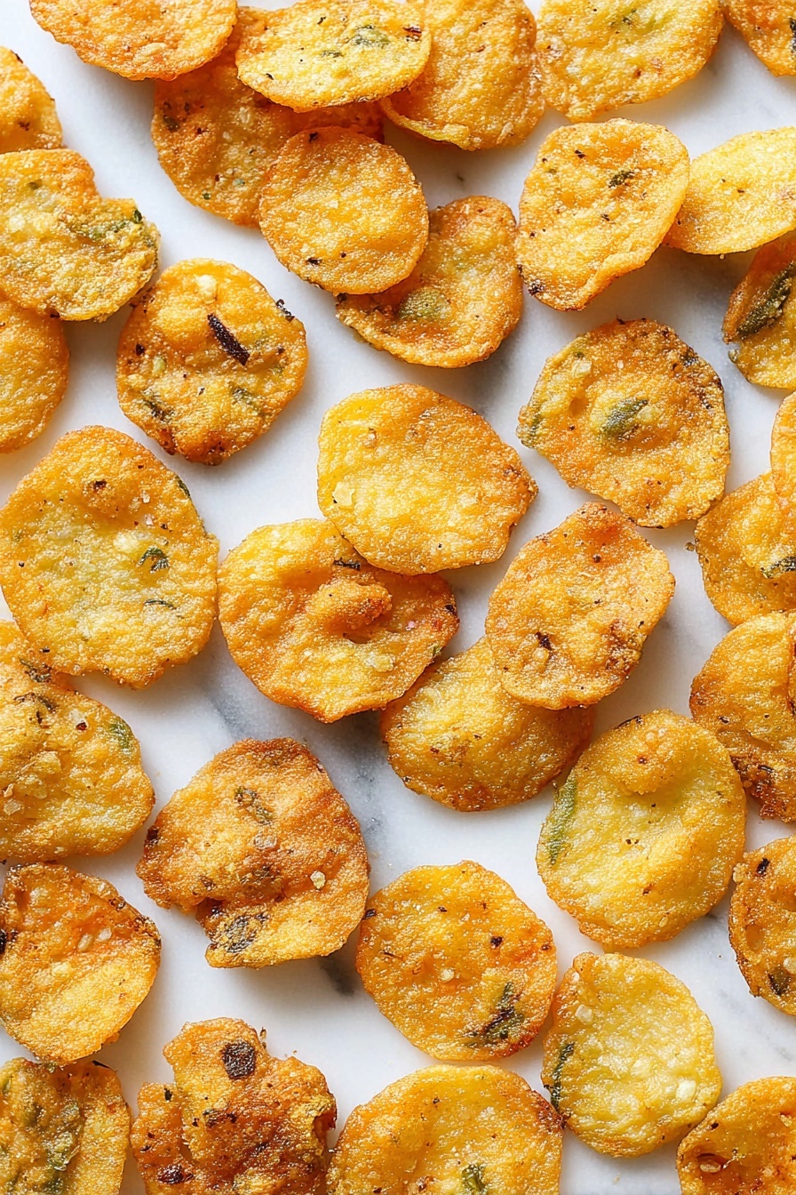 Crispy Fried Pickles with Creamy Dip, fried pickle appetizer, easy pickle dip recipe, crunchy fried snacks, game day appetizer - The image shows many small, round, golden-brown fried snacks scattered evenly on a white marbled surface. Each piece has a rough, crispy texture with some darker spots and light seasoning visible. The color ranges from light yellow to golden with hints of green near the edges, showing slight oiliness that gives a shiny finish. The snacks vary in size and shape, but all are thin and appear crunchy without any layers or toppings. Photo taken with an iphone --ar 2:3 --v 7