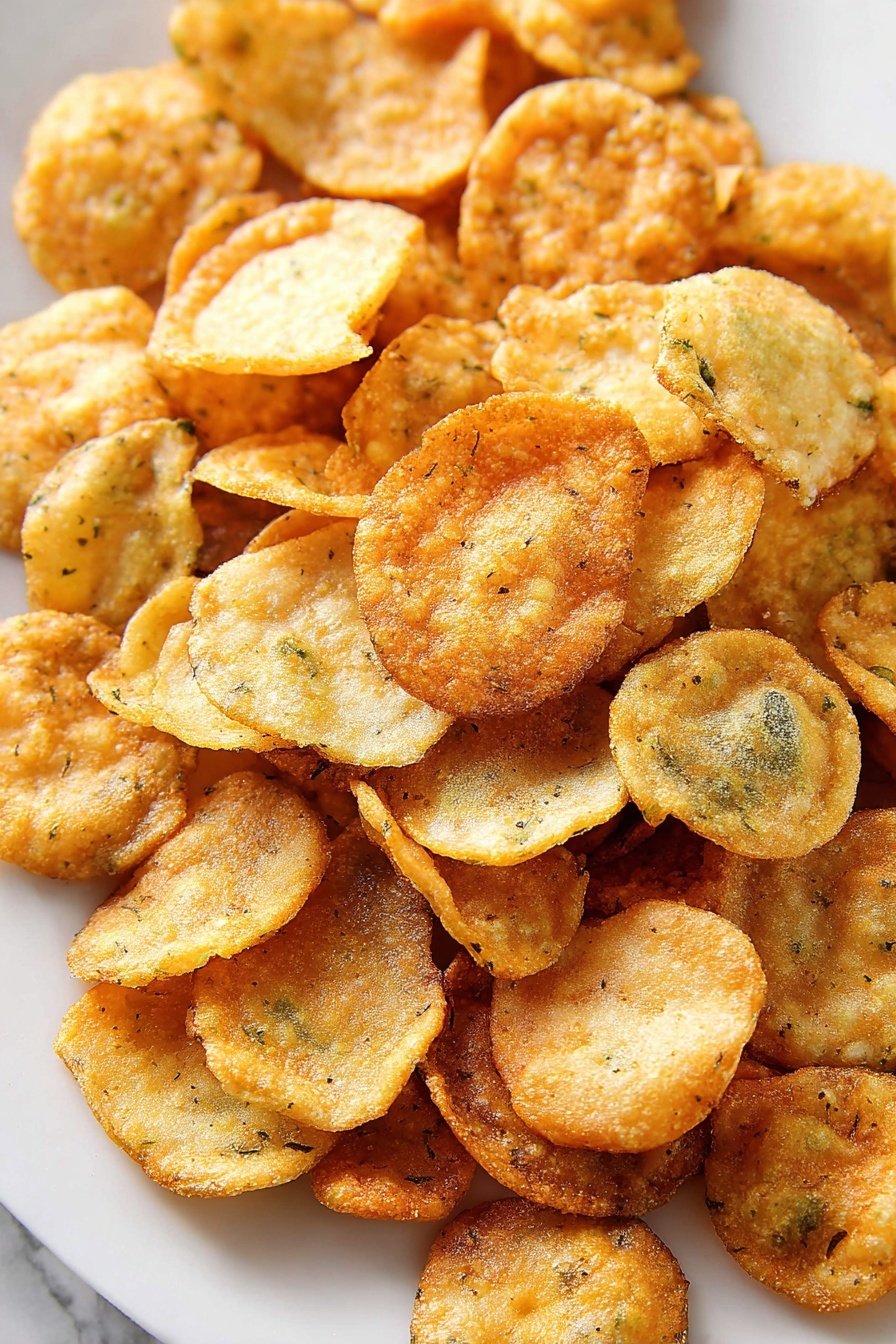 Crispy Fried Pickles with Creamy Dip, fried pickle appetizer, easy pickle dip recipe, crunchy fried snacks, game day appetizer - A white plate filled with many round, golden brown fried snack pieces that look crispy and slightly uneven in shape and texture, with some darker spots showing they are well cooked. The snacks are piled up high, overlapping and stacked in a casual way. The background shows a white marbled surface with a blurred white bowl in the top right corner, adding depth to the image. The lighting highlights the crispy texture and warm color of the fried pieces, making them look fresh and appetizing photo taken with an iphone --ar 2:3 --v 7