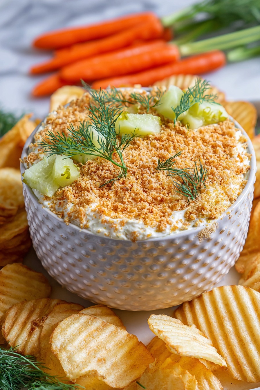 Fried Pickle Dip, creamy tangy appetizer, crispy pickle dip, easy party dip, flavorful dill dip - A white textured bowl with a honeycomb pattern is filled with a creamy white dip topped with a layer of light brown crumbs evenly spread across the surface. Small green pickle chunks and sprigs of fresh dill are scattered on top of the crumbs, adding pops of green. The bowl is surrounded by golden, ridged potato chips and a bunch of fresh orange baby carrots, all placed on a white marbled surface. Photo taken with an iphone --ar 2:3 --v 7