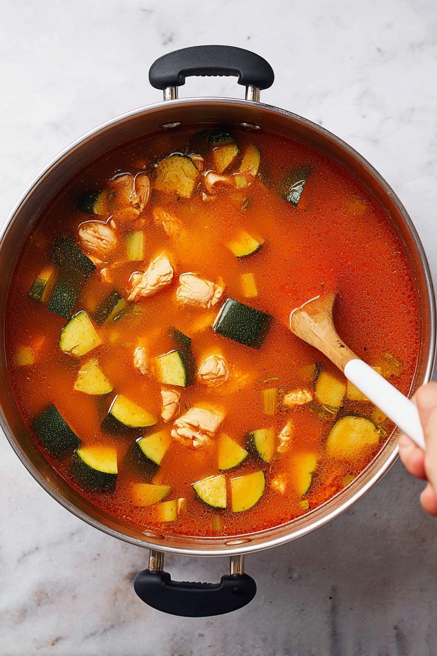 Hearty Chicken Vegetable Soup, chicken vegetable soup recipe, nourishing chicken soup, easy vegetable chicken soup, comforting chicken soup - A stainless steel pot filled with a bright orange-red soup that has a thin, clear texture. Inside the soup, there are medium-sized chunks of light brown cooked chicken, small pieces of dark green and light green zucchini cubes floating evenly across the surface, and some small bits of orange carrot visible under the soup. A wooden spoon with a white tip is being held by a woman's hand, stirring gently near the right side of the pot. The pot is placed on a white marbled surface, and its black handles are visible on both sides. Photo taken with an iphone --ar 2:3 --v 7