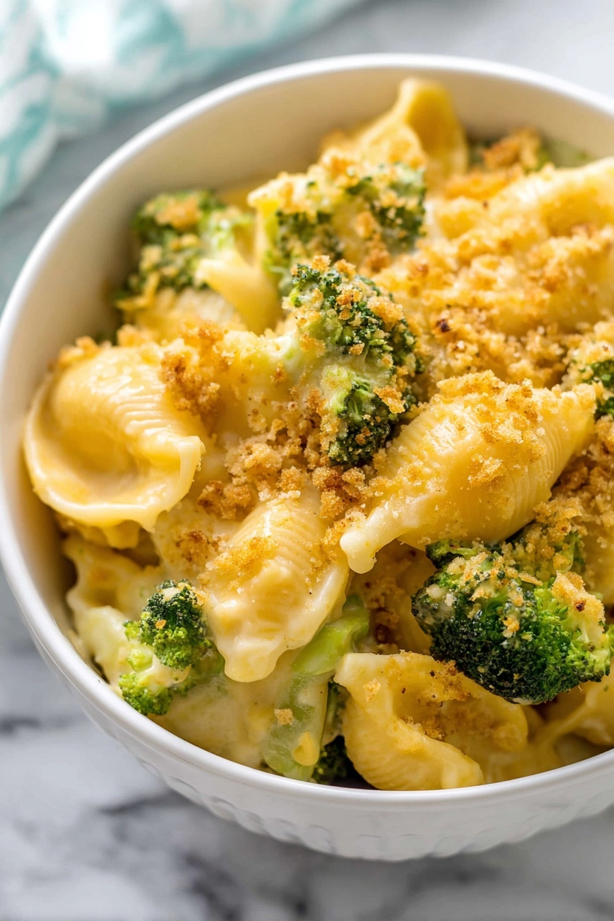 Baked Broccoli Mac and Cheese, cheesy baked pasta with broccoli, healthy broccoli mac and cheese, easy baked mac and cheese, creamy broccoli pasta bake - A white bowl filled with a creamy cheesy pasta dish showing three main layers: large pasta shells coated in a smooth yellow cheese sauce form the base layer; green broccoli florets with bright green color and slightly textured surfaces sit mixed in the middle layers; and the top layer is sprinkled with golden crispy bread crumbs adding a crunchy texture on top. The bowl is on a white marbled surface, with soft natural light enhancing the glossy cheese and the fresh broccoli. photo taken with an iphone --ar 2:3 --v 7
