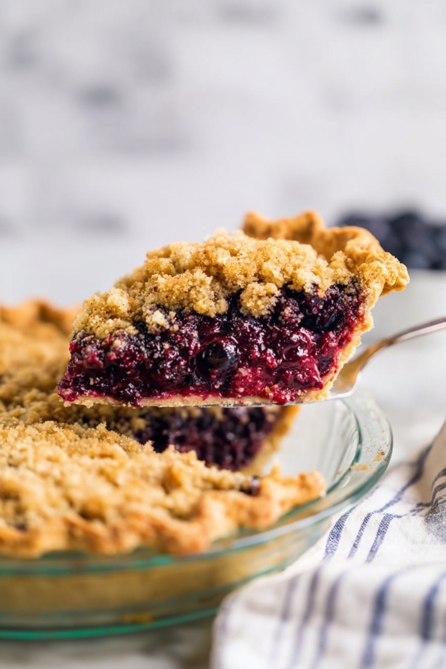 Blueberry Pie with Crumb Topping, blueberry pie dessert, homemade blueberry pie, easy blueberry pie recipe, fruit crumb pie - The image shows a slice of berry crumble pie lifted above the rest of the pie in a clear glass pie dish. The pie has three layers: a golden, flaky crust on the bottom with a slightly crimped edge, a thick middle layer of dark purple mixed berries that look juicy, and a crumbly golden brown streusel topping covering the berries. The background is softly blurred with a white marbled surface and a soft cloth with blue stripes. The photo taken with an iphone --ar 2:3 --v 7