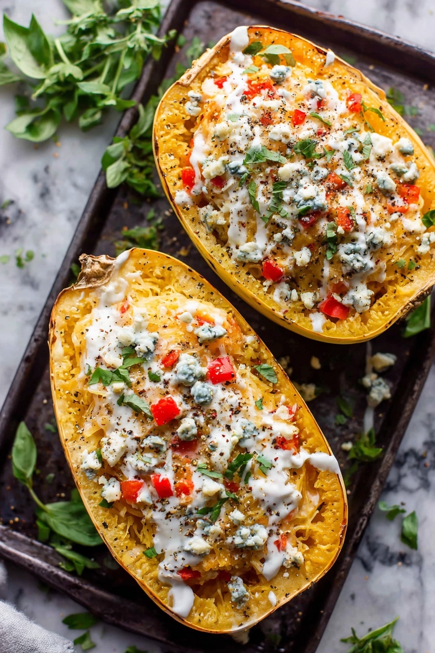 Buffalo Chicken Stuffed Spaghetti Squash, healthy buffalo chicken dinner, spicy spaghetti squash recipe, gluten-free stuffed squash, easy chicken squash recipe - Two halves of a spaghetti squash filled with a creamy orange mixture of spaghetti squash strands, small diced red bell peppers, and melted cheese, topped with crumbles of blue cheese and fresh green herbs. A white creamy sauce is drizzled over the top with a sprinkle of black pepper, all resting on a dark baking tray with scattered fresh herb leaves around it, placed on a white marbled surface. photo taken with an iphone --ar 2:3 --v 7