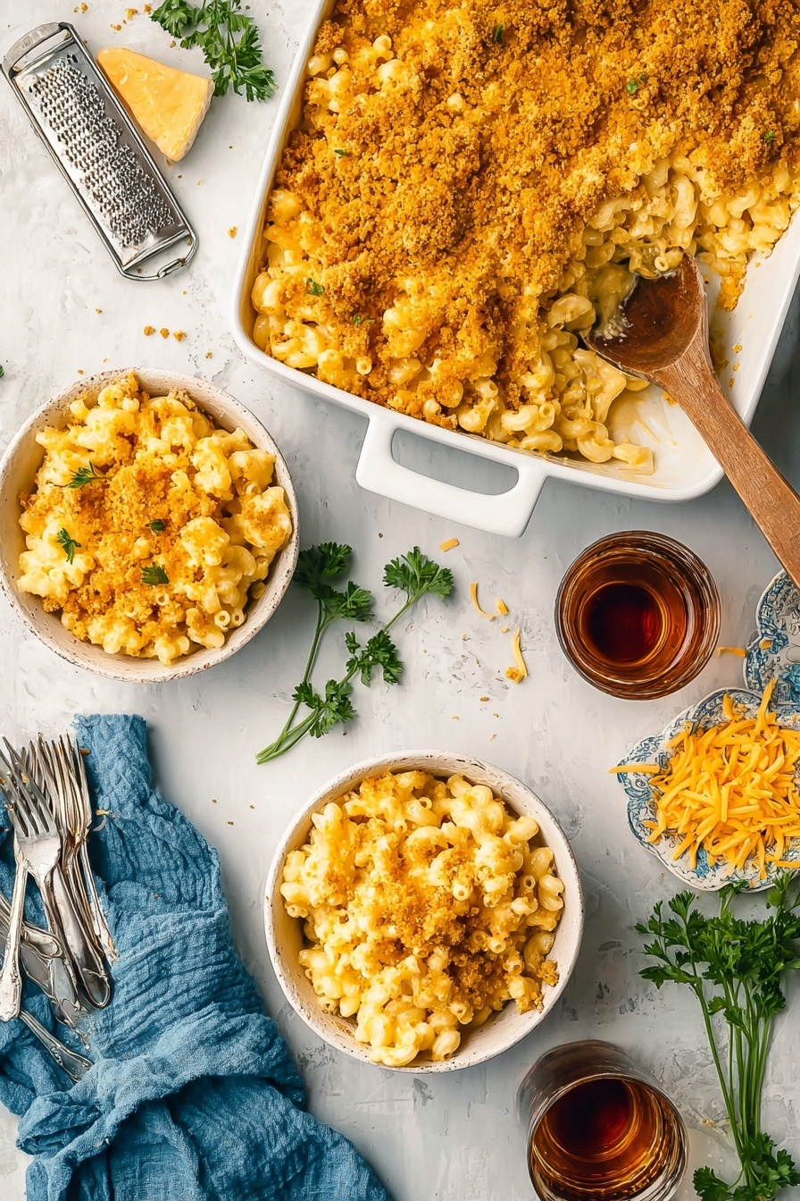 Creamy Cheddar Mac and Cheese Bake, comfort food recipe, cheesy baked pasta, homemade mac and cheese, easy cheesy casserole - The image shows a white baking dish filled with macaroni and cheese, topped with a golden-brown crumbly layer. The top right corner is scooped out by a wooden spoon, revealing creamy cheese-covered macaroni underneath. Two white bowls each hold a serving of the macaroni and cheese with the same crumb topping, placed above and below the baking dish. The scene also includes a blue cloth napkin on the left, three silver forks lined up below the left bowl, a pile of shredded cheddar cheese and a metal grater on the bottom right, and two clear glasses of dark amber liquid near the bowls. Fresh green parsley sprigs are scattered around for decoration, all on a white marbled surface. Photo taken with an iphone --ar 2:3 --v 7