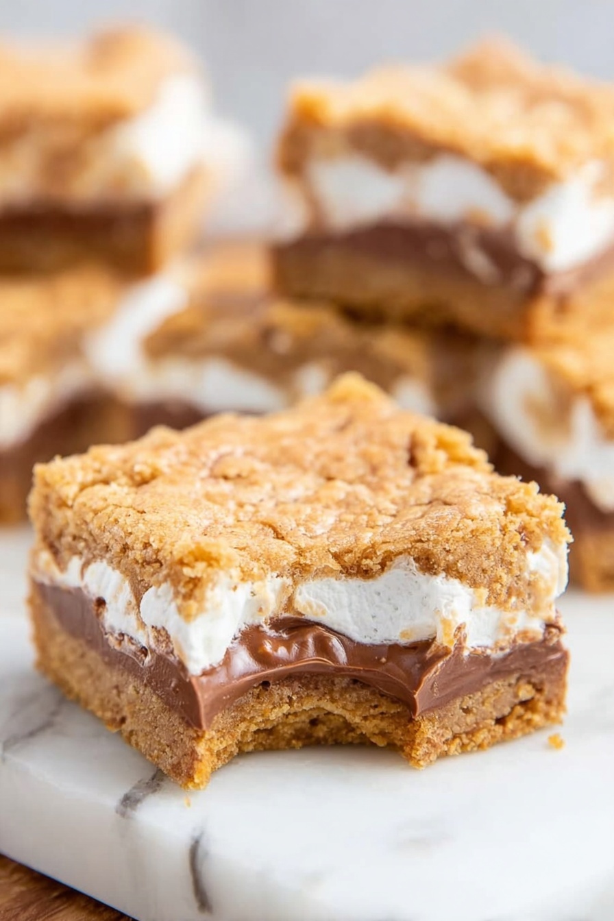 Gooey Cookie Butter S'mores Blondies, cookie butter blondies, s'mores dessert, easy blondie recipes, chewy marshmallow blondies - The image shows a close-up of a stack of three dessert bars. Each bar has three visible layers: a bottom cookie dough layer that is light brown and slightly crumbly, a middle layer with melted dark chocolate that looks thick and smooth, and a top layer of marshmallow which is white and fluffy with patches of light golden brown cookie dough spread unevenly on top. The bars are stacked on a white marbled surface with a blurred background. The drawing captures the soft and chewy texture of each layer. Photo taken with an iphone --ar 2:3 --v 7