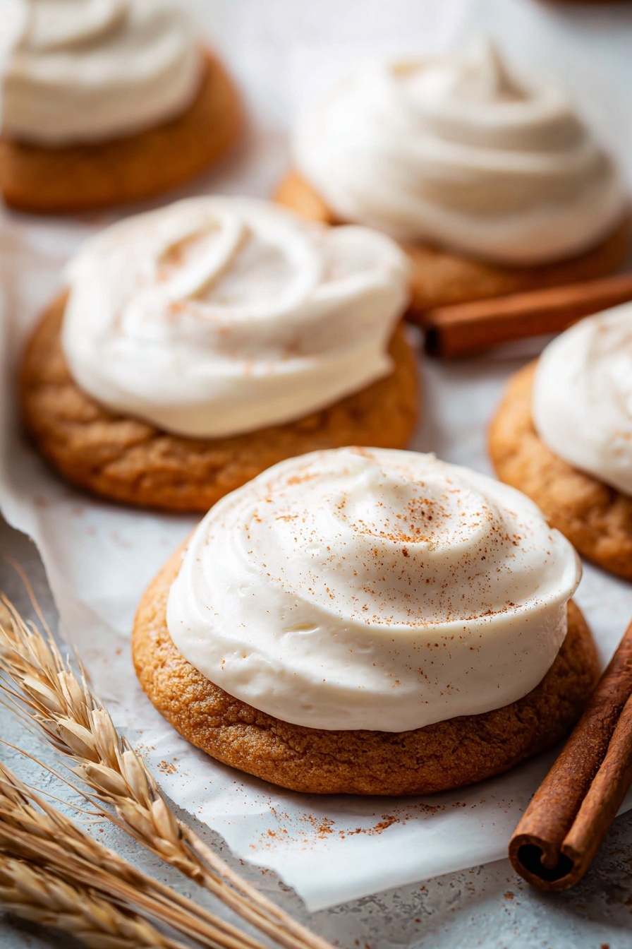 Pumpkin Cookies with Cream Cheese Frosting, fall pumpkin cookie recipe, easy pumpkin cookies, soft pumpkin cookies, pumpkin dessert ideas - The image shows soft round cookies with a light brown color, each topped with a thick swirl of creamy white frosting. The frosting is smooth with gentle peaks and is sprinkled lightly with a fine dusting of cinnamon or similar brown spice. The cookies are placed close together on a white parchment paper inside a tray, with some cinnamon sticks and wheat stalks on the side. The background is a white marbled surface, adding a clean, bright feel to the scene. The focus is on the cookie in front, showing the smooth texture of frosting and the slightly rough surface of the cookie beneath. photo taken with an iphone --ar 2:3 --v 7