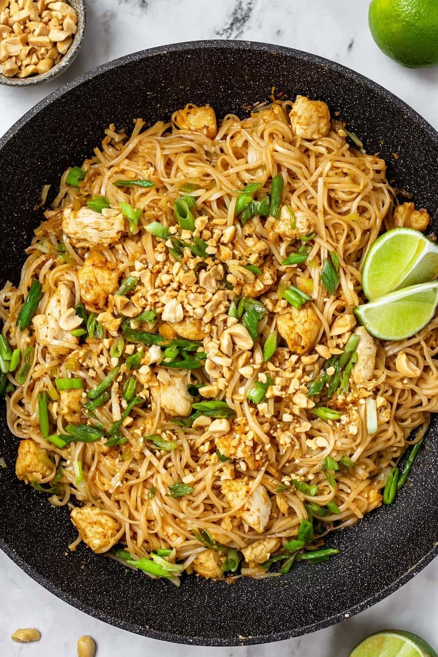 Easy Chicken Pad Thai, Thai chicken noodle dish, quick Pad Thai recipe, homemade chicken Pad Thai, simple Thai stir-fry - A black pan filled with stir-fried noodles that are light brown and mixed with small pieces of cooked chicken that are golden and white. Bright green chopped spring onions are scattered evenly on top, along with crushed peanuts adding a pale beige crunch. There are two lime wedges placed on the noodles, one near the center and one on the edge. The pan sits on a white marbled surface with a few scattered peanuts nearby. photo taken with an iphone --ar 2:3 --v 7