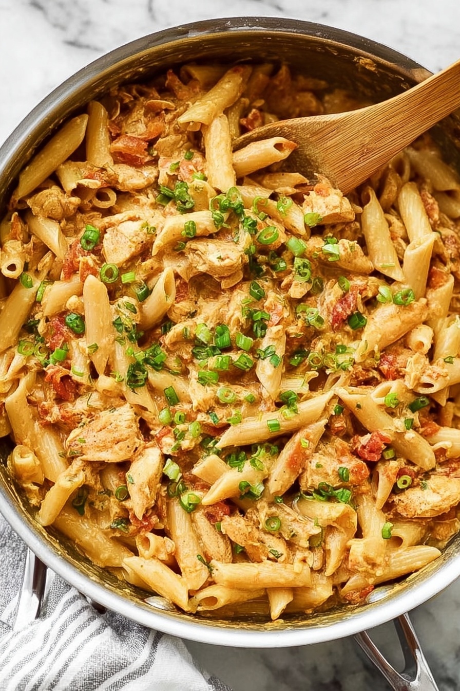 Creamy Cajun Chicken Pasta, Cajun chicken pasta, creamy pasta recipes, one-pot Cajun pasta, spicy chicken Alfredo - A close-up view of a large silver pan filled with creamy pasta made with short tube-shaped noodles, chopped light brown cooked chicken pieces, and a rich tan-colored sauce. Mixed in are small bits of red tomatoes and sprinkled chopped green onions on top to add bright green color contrast. A light wooden spoon rests inside the pan on the right side, partially covered by the pasta. The pan is placed on a white marbled surface with a white and gray striped cloth beneath the handle. The dish looks warm and inviting with a mix of soft textures and fresh garnish. Photo taken with an iphone --ar 2:3 --v 7