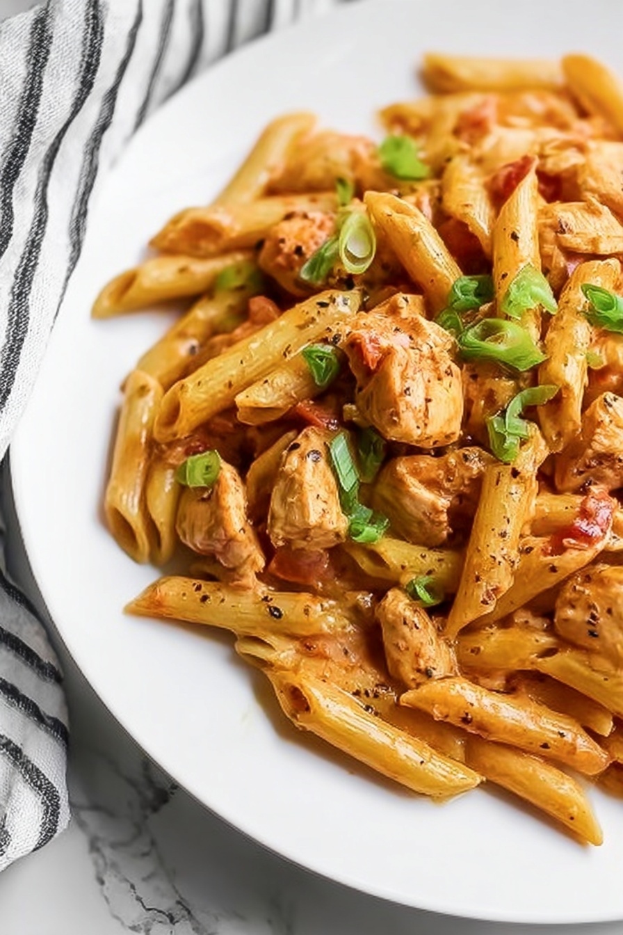 Creamy Cajun Chicken Pasta, Cajun chicken pasta, creamy pasta recipes, one-pot Cajun pasta, spicy chicken Alfredo - A white plate holds a tasty mix of penne pasta covered in a creamy orange sauce. The pasta is joined by small pieces of cooked chicken and bits of tomato, all mixed together. Bright green chopped green onions are sprinkled over the top to add color. A black fork rests on the right side of the plate, partially digging into the food. The plate is set on a white marbled surface with a striped cloth nearby. photo taken with an iphone --ar 2:3 --v 7