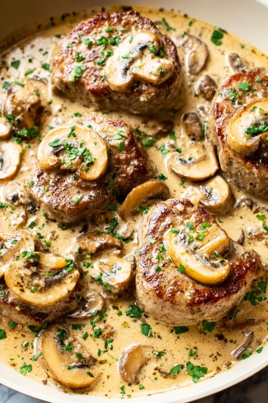 Creamy Mushroom Pork Tenderloin, Pork Tenderloin with Mushroom Sauce, Easy Pork Tenderloin Recipes, Elegant Pork Dinner Ideas, Quick Pork Recipes - The dish shows four cooked pieces of meat with a brown and light golden color, each topped with a slice of mushroom. They are surrounded by a creamy light beige sauce that has whole and sliced mushrooms spread evenly throughout. Sprinkles of green herbs are scattered on top and around the meat, adding fresh color contrast. The food is presented close-up on a white marbled texture background. photo taken with an iphone --ar 2:3 --v 7