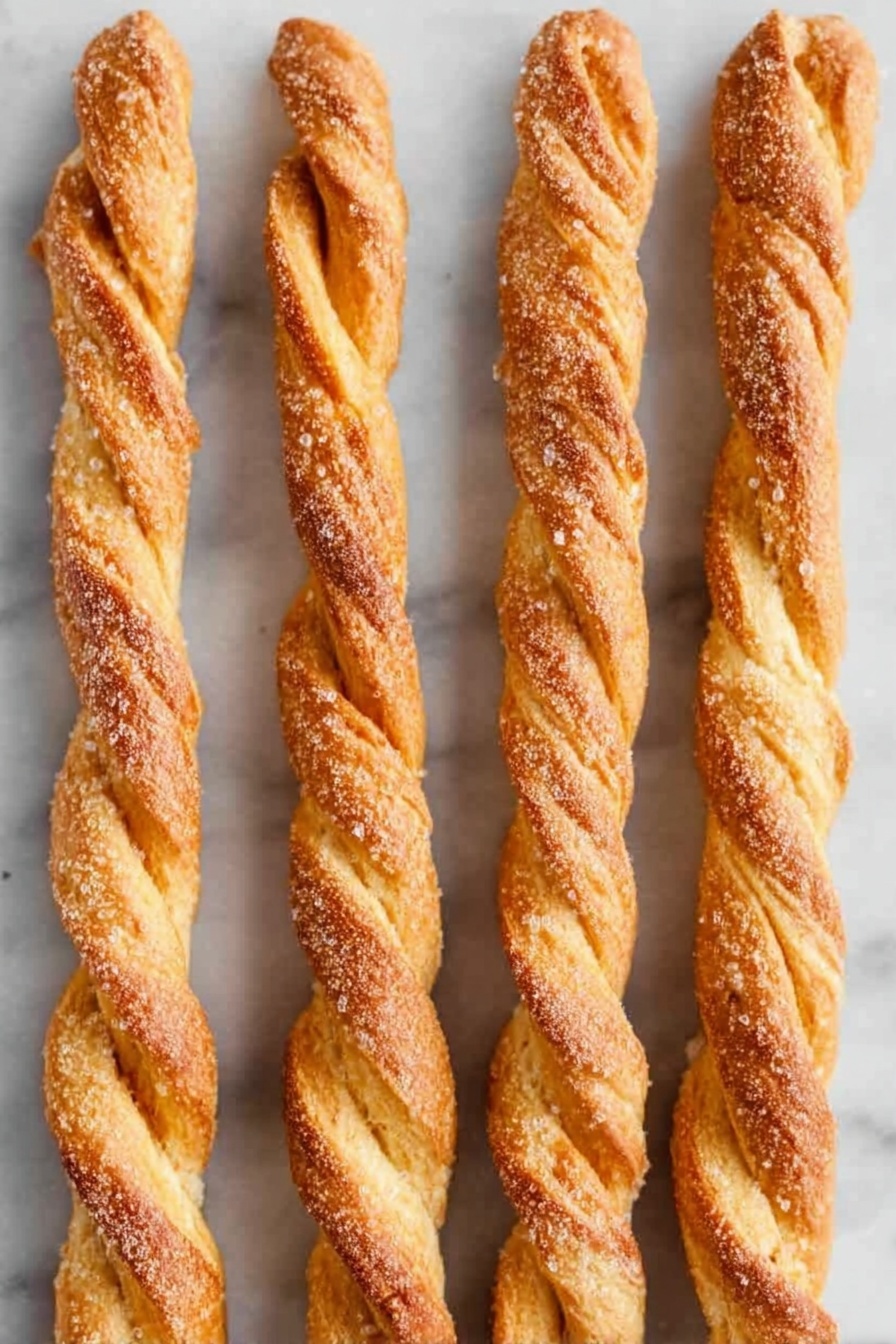 Pumpkin Pie Twists with Crescent Dough, pumpkin pie twists, easy fall desserts, pumpkin spice pastry, flaky pumpkin treats - The image shows several twisted pastry sticks arranged closely on a white rectangular plate. Each pastry stick has a golden-brown crust with a dusting of cinnamon sugar on top, giving a slightly rough texture from the sugar granules. The twists reveal light, flaky layers with a cinnamon brown filling swirled inside. The background is a white marbled surface, and the pastries look freshly baked with a slight shine from the glaze. photo taken with an iphone --ar 2:3 --v 7