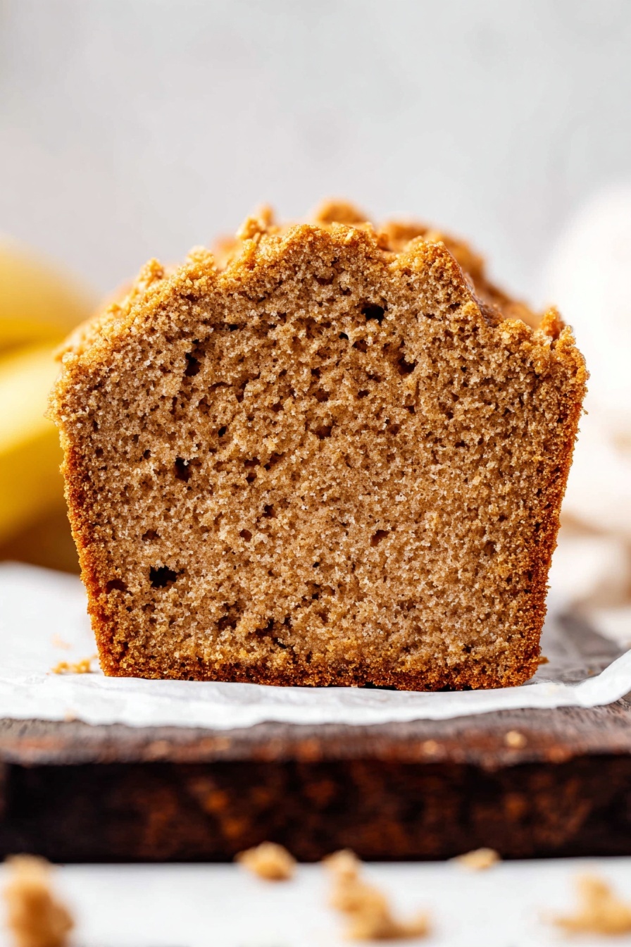 Whole Wheat Banana Bread with Cinnamon Crunch, healthy banana bread, whole wheat banana loaf, cinnamon banana bread, nutritious banana bread - The image shows a close-up of a single thick slice of brown bread with a crumbly texture. The slice stands upright on white parchment paper on a dark wooden board. The top edge of the bread is uneven and looks crunchy with small clumps of crumbs. The inside of the bread shows small holes and a soft, dense texture. Some crumbs are scattered around the base. The background has a soft white color, with a slightly out-of-focus shape that might be a peeled banana. Photo taken with an iphone --ar 2:3 --v 7