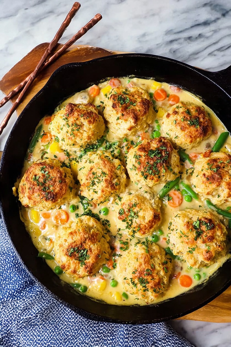 Cheddar Bay Chicken Pot Pie, cheesy chicken pot pie, cozy chicken and vegetable pie, homemade chicken pot pie with biscuits, easy comfort food recipes - This image shows a black cast iron skillet filled with a creamy vegetable mixture and topped with nine golden brown biscuit-like rounds. The biscuit rounds have a slightly rough texture with small green herb bits sprinkled on top. Below the biscuits, you can see a mix of colorful vegetables like orange carrots, green beans, and cream-colored sauce that looks thick and smooth. The skillet is placed on a wooden trivet with a striped cloth underneath, all against a white marbled background. Photo taken with an iphone --ar 2:3 --v 7