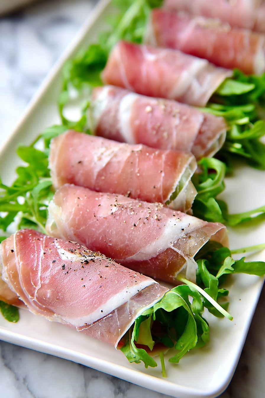 Fig and Prosciutto Roll-Ups, Fig and Prosciutto appetizer, easy fig prosciutto snacks, elegant appetizer ideas, prosciutto and goat cheese bites - The image shows a white plate with seven rolls made from thin pink slices of cured meat, each wrapped around fresh green arugula leaves. The rolls are lined up neatly in two rows on the plate. The meat has a slightly translucent look with light fat veins, and the rolls have a light sprinkle of black pepper on top. The background is a white marbled surface photo taken with an iphone --ar 2:3 --v 7