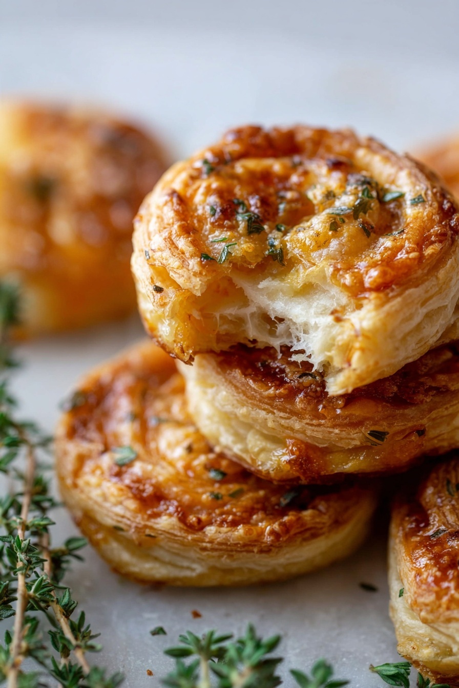 Fig and Goat Cheese Puff Pastry Pinwheels, fig and goat cheese appetizer, flaky puff pastry treats, easy savory appetizer recipes, elegant party finger foods - The image shows several golden brown puff pastry swirls stacked close together on a white marbled surface. Each swirl has visible layers of flaky, crispy dough with a shiny, slightly caramelized glaze on top, giving them a glossy look. Some small green herb leaves are sprinkled gently on and around the pastries, adding a touch of color. One swirl in the center has a bite taken out, showing soft, airy inner layers of the pastry. The lighting highlights the texture and golden colors of the pastries beautifully. photo taken with an iphone --ar 2:3 --v 7