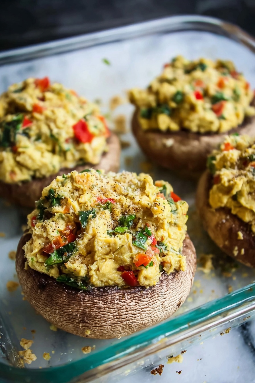 Crab Stuffed Portobello Mushrooms, seafood appetizer recipes, easy stuffed mushroom ideas, gourmet mushroom dishes, crab and mushroom recipes - The image shows four large mushroom caps filled with a creamy mixture that has a light yellow color and a soft, slightly chunky texture. The filling is mixed with small pieces of green herbs and red bell pepper bits, evenly spread on top and slightly heaped to create a rounded mound on each mushroom. The mushroom caps have a natural brown color with visible texture and ridges. These stuffed mushrooms rest inside a clear glass baking dish placed on a white marbled surface, with some crumbs scattered around the dish. photo taken with an iphone --ar 2:3 --v 7