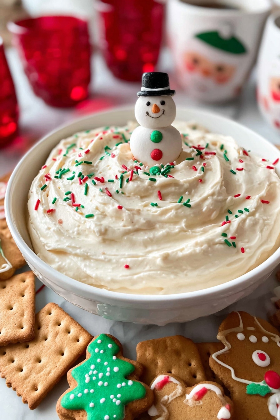 Christmas Sugar Cookie Dip, festive holiday dip, easy Christmas dessert, holiday party dip, sugar cookie flavor dip - A white bowl filled with a thick, creamy white dip swirled in three visible layers with a soft, smooth texture, decorated on top with small red, green, and white sprinkles shaped like Christmas trees and long rods, and a small white snowman cookie with black hat and colorful dots placed standing in the dip’s center; around the bowl, several gingerbread square crackers and decorated Christmas-themed cookies shaped like candy canes, Christmas trees, and gingerbread men are scattered on a white marbled surface; in the blurred background, there are red glass candle holders and white Santa Claus mugs with red cheeks; photo taken with an iphone --ar 2:3 --v 7