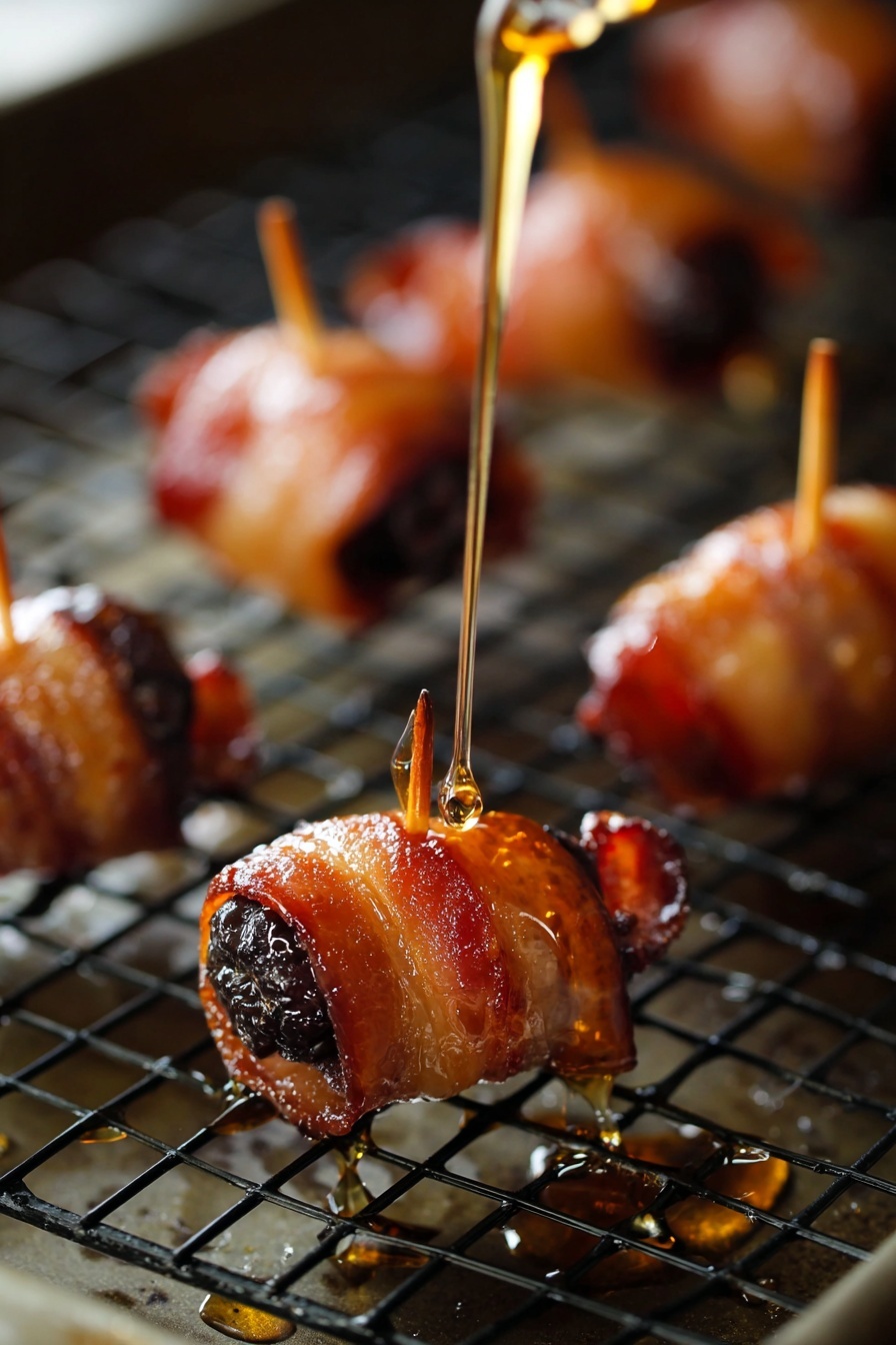 Bacon-Wrapped Dates with Goat Cheese, Date Appetizer Ideas, Easy Party Finger Foods, Savory Bacon Dates, Elegant Holiday Appetizer - Small bacon-wrapped pieces are placed on a black wire rack over a baking tray. Each piece has a dark center wrapped tightly with shiny, crispy golden-brown bacon strips, secured with a small brown toothpick in the middle. A thin golden liquid is being poured from above onto the closest piece, creating a glossy shine and some small drops on the tray below. The background is blurred but shows more bacon-wrapped pieces on the rack. photo taken with an iphone --ar 2:3 --v 7