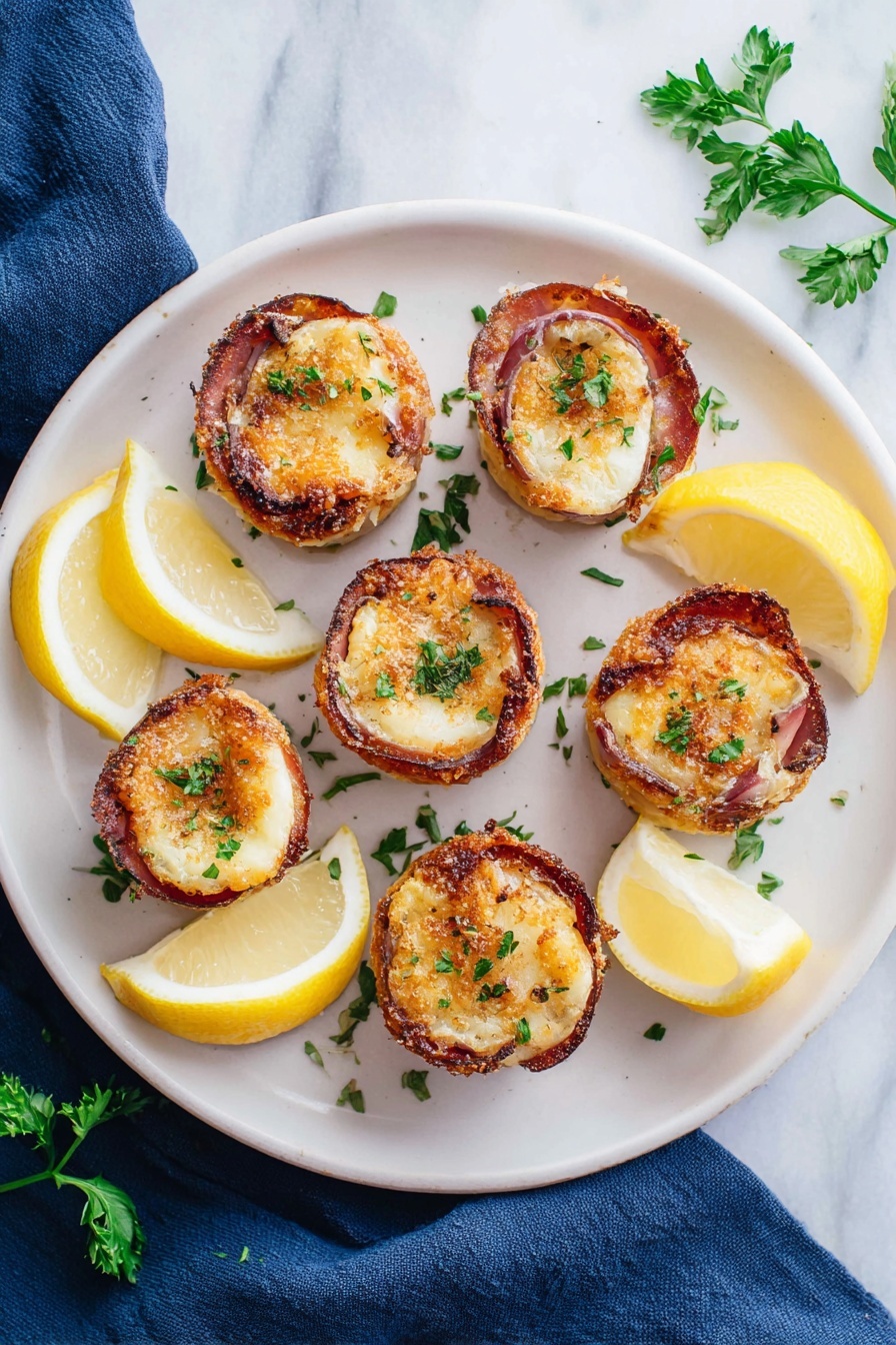 Bacon-Wrapped Scallops with Garlic Butter, scallops wrapped in bacon, garlic butter scallops appetizer, surf and turf seafood recipe, easy seafood appetizer - Six round pieces of food are arranged on a white plate, each piece has a light golden brown center wrapped in a crispy ring of darker brown. They are topped with small green parsley pieces sprinkled all over. Around the plate, there are lemon wedges with bright yellow skin and pale yellow inside, and more parsley leaves. The plate sits on a white marbled surface, with a dark blue cloth partially visible in the background. Photo taken with an iphone --ar 2:3 --v 7