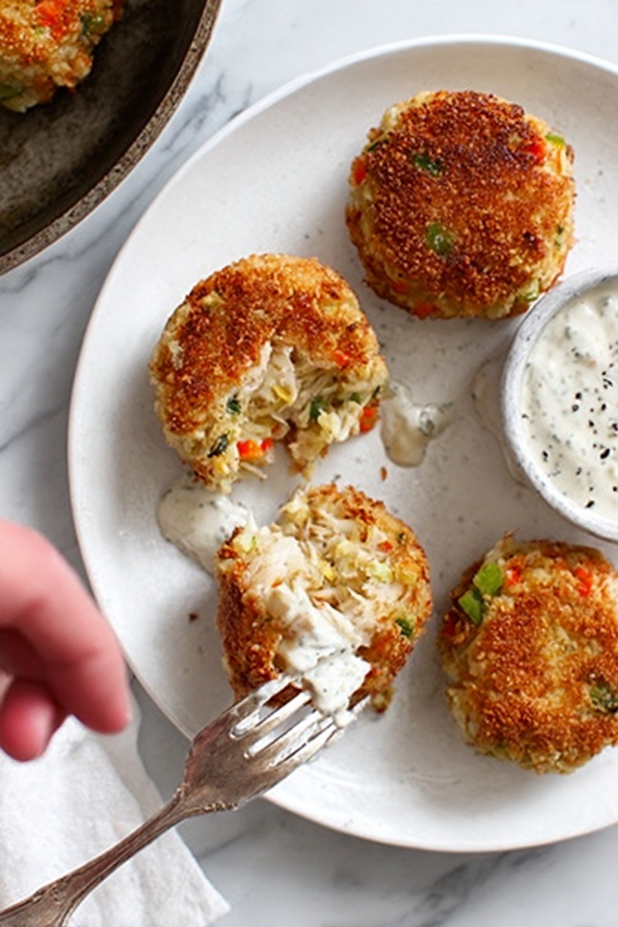 Crab Cake Poppers with Spicy Aioli, crab cake appetizers, spicy aioli dip, easy party snacks, seafood appetizer ideas - The image shows a white plate on a white marbled surface with four round, golden-brown crab cakes, crispy on the outside with small green and orange bits visible inside. One crab cake is broken open to show its soft, white, flaky inside mixed with the veggies. A silver fork rests on the plate, with a woman's hand holding it while lifting a piece of crab cake dipped in creamy white sauce with black specks. In the top left corner, a part of a dark pan with another crab cake can be seen. Photo taken with an iphone --ar 2:3 --v 7
