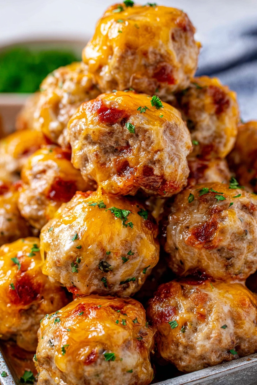 Cream Cheese Sausage Balls, sausage ball recipe, cheesy sausage bites, easy appetizer recipes, crowd-pleasing snacks - A close-up view of a stack of round, baked meatballs covered with melted orange cheese and small green herb bits on top. The meatballs have a light brown, slightly crispy texture with some spots of red sauce peeking through the cheese. They are piled high in a metal tray, with some meatballs resting on others. The background shows a white marbled surface, keeping the focus on the warm, cheesy meatballs. The lighting highlights the gooey cheese and fresh herbs, giving the image a fresh and tasty look. photo taken with an iphone --ar 2:3 --v 7