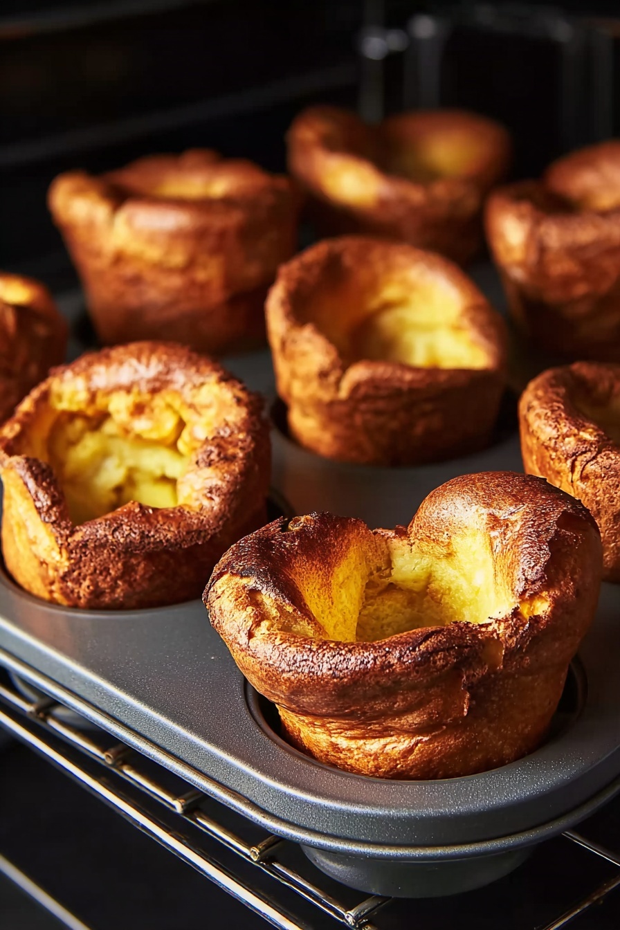 Perfect Yorkshire Pudding, Yorkshire Pudding recipe, how to make Yorkshire Pudding, crispy Yorkshire Pudding, fluffy Yorkshire Pudding - The image shows seven golden brown Yorkshire puddings puffed up inside a grey metal muffin tray. Each pudding has a tall, uneven, and crispy outer layer with a hollow center, revealing a softer yellow inside. The muffins are placed inside a dark oven, giving a warm, baked look with crispy textures on top and soft, slightly shiny surfaces inside. The background is filled with the dark oven racks. photo taken with an iphone --ar 2:3 --v 7