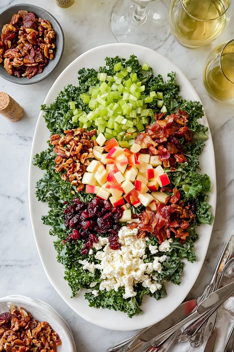 Apple Cranberry Pecan Salad with Candied Nuts, Apple Cranberry Pecan Salad, Holiday Fruit and Nut Salad, Fall Salad with Candied Pecans, Kale Fruit Nut Salad - A white oval plate holds a salad with a base of dark green kale leaves spread evenly across the plate. On top, there are six sections of toppings: chopped light green celery at the top right, small crispy brown bacon pieces next to the celery, dark red dried cranberries below the bacon, white crumbled cheese near the bottom left, red and cream-colored chopped apple pieces above the cheese, and light brown candied nuts at the top left. The ingredients are all arranged neatly in small piles on the kale. The plate rests on a white marbled surface with a small gray bowl of candied nuts nearby, two clear green glasses with light yellow liquid, and a bottle with a cork on the side. Three silver forks and two knives lie at the bottom right. photo taken with an iphone --ar 2:3 --v 7