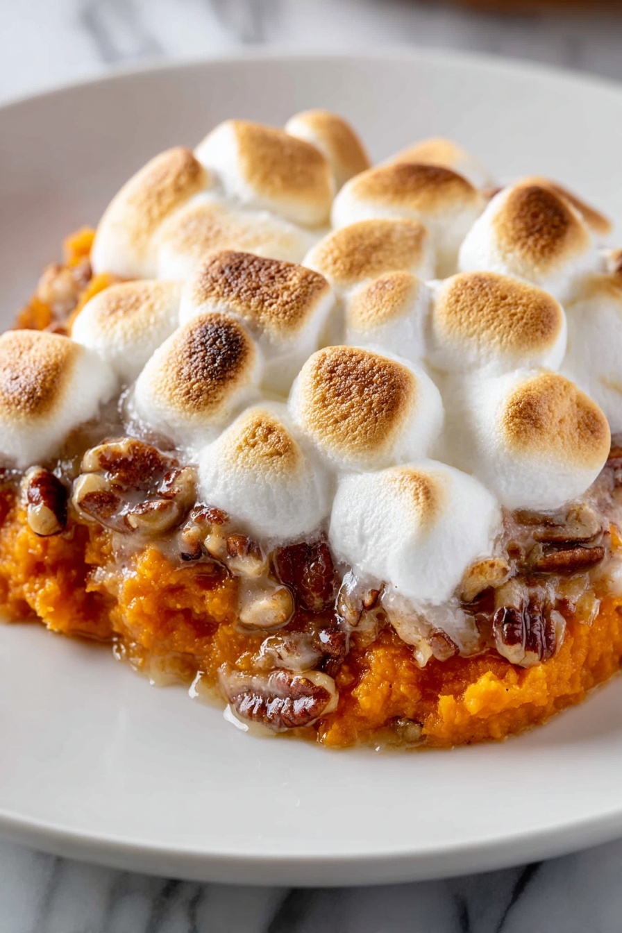 Sweet Potato Casserole with Marshmallows, holiday sweet potato casserole, festive sweet potato side dish, marshmallow-topped sweet potato bake, Thanksgiving sweet potato gratin - A close-up view of a white plate with a single serving of sweet potato casserole. The bottom layer is mashed sweet potato, bright orange and soft in texture. On top of the sweet potato is a layer of chopped pecans mixed in, adding a nutty brown texture. The top layer is a thick, even spread of toasted marshmallows, browned with slight crispness and some soft, white melty parts showing. The dish looks warm and creamy, with the melted marshmallow slightly blending into the sweet potato below. The plate rests on a white marbled surface. photo taken with an iphone --ar 2:3 --v 7