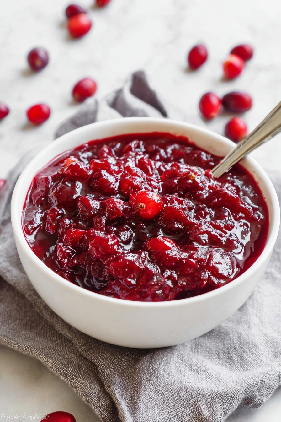 Simple Cranberry Sauce, easy cranberry sauce, homemade cranberry sauce, holiday cranberry sauce, fresh cranberry sauce - A white bowl filled with thick, chunky, deep red cranberry sauce showing whole and partially crushed cranberries, with a shiny, slightly wet texture. The bowl sits on a light gray cloth with a few loose cranberries scattered around it on a white marbled surface. A silver spoon rests inside the bowl, partially dipped into the cranberry sauce. The scene is close up, highlighting the rich red color and texture contrast between the cranberries and the smooth white bowl photo taken with an iphone --ar 2:3 --v 7