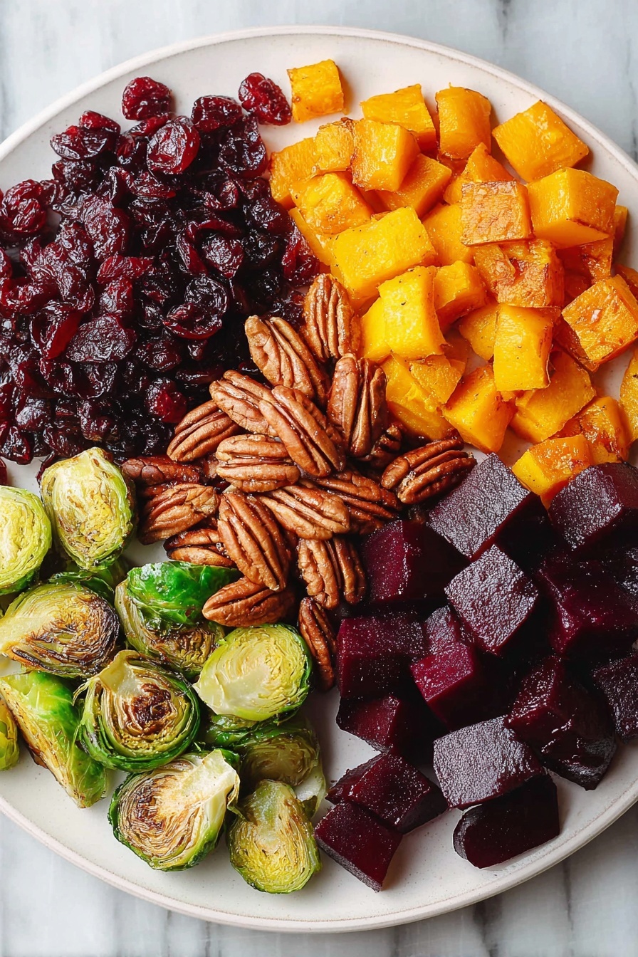 Winter Vegetable Salad with Roasted Squash and Brussels, healthy winter salad recipes, seasonal vegetable salad, roasted squash and Brussels sprouts salad, festive winter greens - A white round plate is arranged with four different sections of food. At the top left are shiny, dark red dried cranberries. Next to them, on the top right, are roasted golden-orange butternut squash cubes with a slight shine and some browned edges. Below the squash, on the bottom right, are deep purple roasted beet cubes with a matte finish. At the bottom left are halved Brussels sprouts with a vibrant green color and charred brown edges. At the top center between the cranberries and squash lies a pile of glossy brown pecan nuts. All the items are placed close but separated neatly on a white marbled surface background. Photo taken with an iphone --ar 2:3 --v 7
