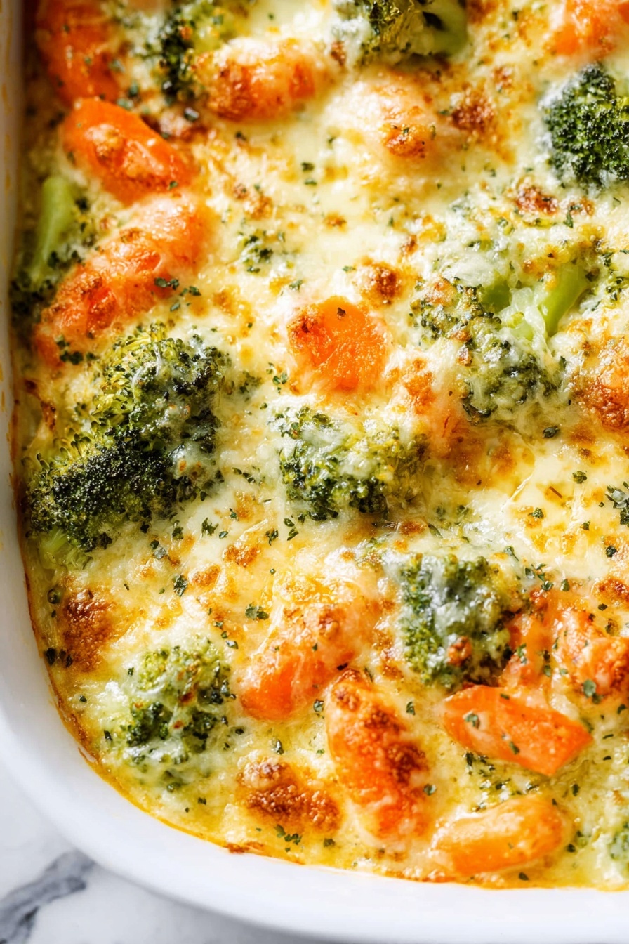 Creamy Vegetable Casserole with Cheese, cheesy vegetable casserole, comforting vegetable bake, easy veggie casserole, cheesy veggie side dish - The image shows a close-up of a creamy vegetable casserole in a white baking dish with three visible layers. The bottom layer has lightly browned melted cheese mixed in with green broccoli pieces and orange baby carrots. The middle layer is thick, white, and creamy, with soft melted cheese and sauce covering the vegetables. The top layer consists of more broccoli and carrots, sprinkled with a little black pepper and browned, melted cheese that looks slightly crispy on the edges. A spoon is scooping a portion out, revealing the layers clearly, and the dish sits on a white marbled surface. photo taken with an iphone --ar 2:3 --v 7