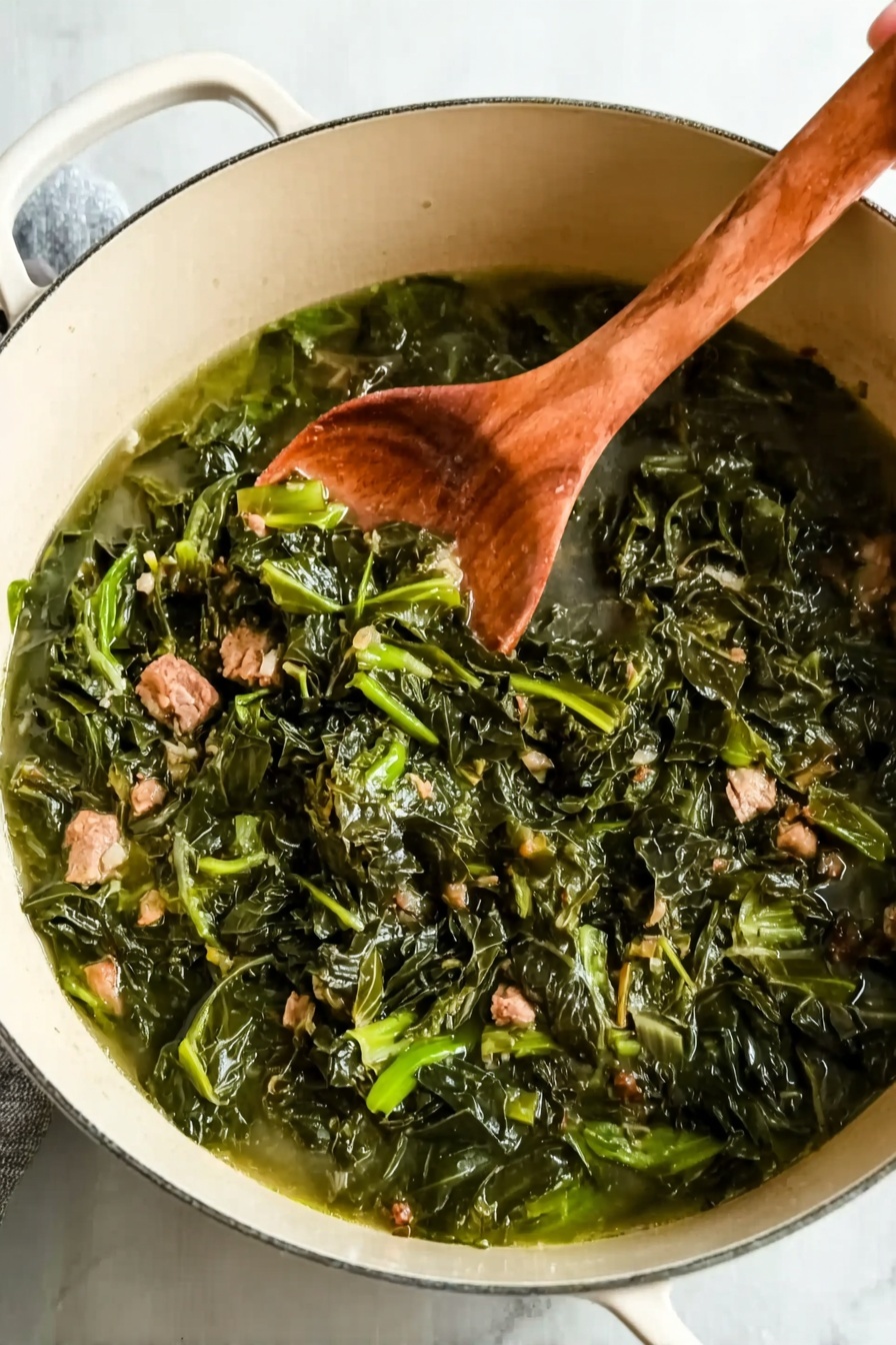Savory Collard Greens with Bacon, collard greens recipe, bacon and greens dish, flavorful collard greens, Southern collard greens with bacon - A white pot filled with cooked leafy greens that are dark green and slightly shiny, mixed with small pieces of light brown meat. The greens look soft and moist, sitting in a clear, light green broth with small bits floating in it. A wooden spoon rests inside the pot, with a woman's hand holding it from the right side. The pot is placed on a white marbled surface. photo taken with an iphone --ar 2:3 --v 7