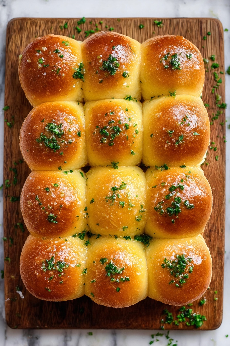 Garlic Butter Dinner Rolls, soft garlic dinner rolls, easy dinner rolls recipe, fluffy homemade dinner rolls, buttery garlic bread rolls - A group of 12 soft, golden brown dinner rolls arranged in a 4 by 3 grid on a wooden board. Each roll has a shiny top coated with a light layer of melted butter and is sprinkled with finely chopped green herbs, likely parsley, giving a fresh green contrast to the warm golden color. The rolls touch each other closely, showing their soft texture and round shapes. Small bits of herbs are also scattered on the wooden board around the rolls, adding a rustic touch. The wooden board sits on a white marbled surface. photo taken with an iphone --ar 2:3 --v 7