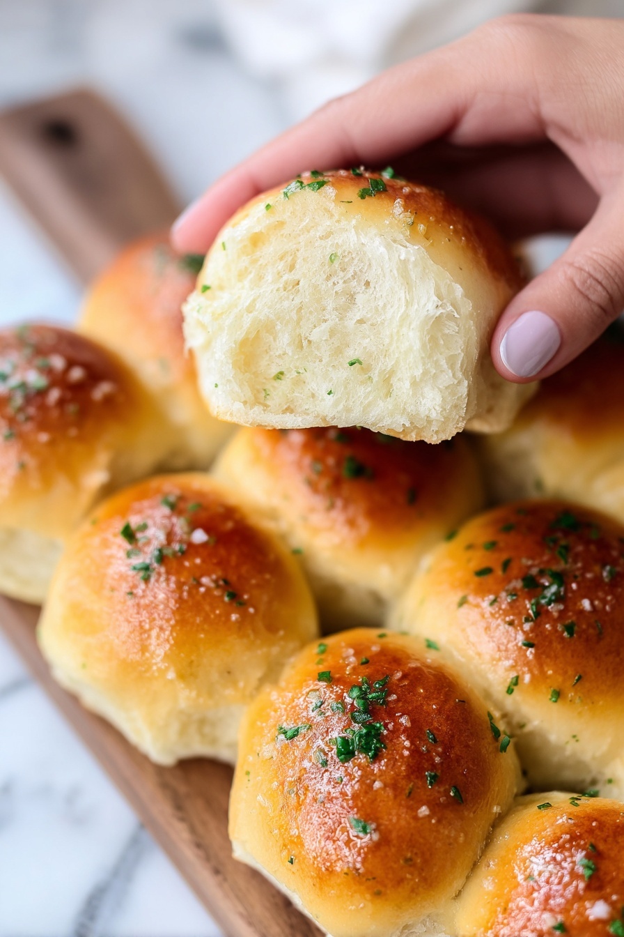 Garlic Butter Dinner Rolls, soft garlic dinner rolls, easy dinner rolls recipe, fluffy homemade dinner rolls, buttery garlic bread rolls - The image shows soft, golden-brown dinner rolls with a shiny, slightly crisp top sprinkled with finely chopped green herbs. Each roll is small and round, with a smooth, shiny crust that catches the light. A woman's hand is holding one roll split open to reveal its fluffy, light, and airy inner texture, which is pale cream in color. The rolls sit close together on a wooden board, against a white marbled surface. photo taken with an iphone --ar 2:3 --v 7