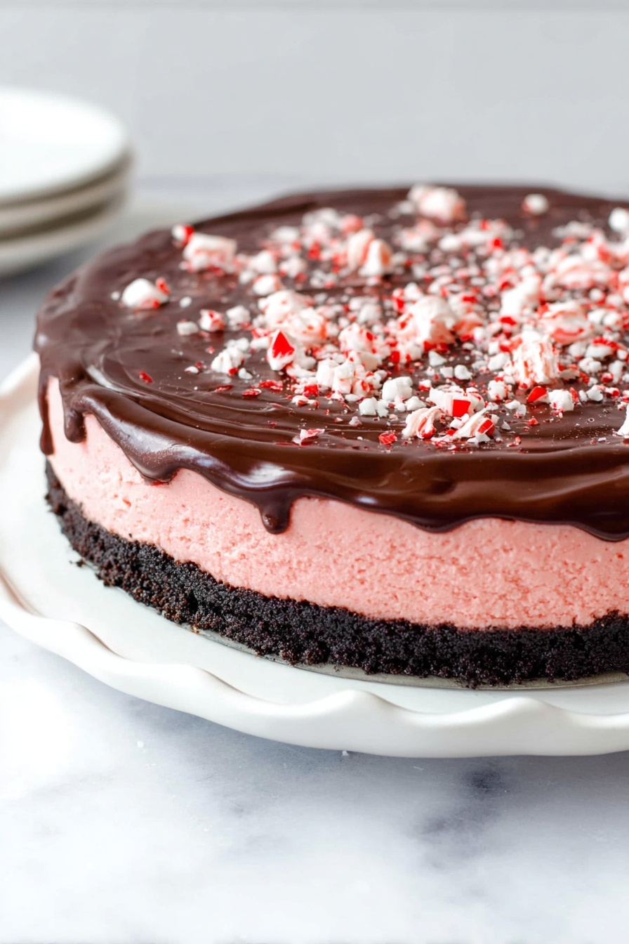Peppermint Cheesecake with Chocolate Ganache, peppermint cheesecake, chocolate ganache dessert, festive holiday cheesecake, minty cheesecake recipe - The image shows a round dessert with three clear layers placed on a white marbled surface. The bottom layer is dark brown, almost black, with a crumbly texture, likely a cookie or chocolate crust. Above this is a thick, soft, and airy pink layer that looks creamy. The top layer is a smooth, glossy dark chocolate coating with slight swirls and some melted edges dripping over the pink layer. This chocolate layer is sprinkled with pieces of crushed red and white peppermint candy, adding texture and color contrast to the dark surface. The dessert sits on a white plate with a scalloped edge. photo taken with an iphone --ar 2:3 --v 7