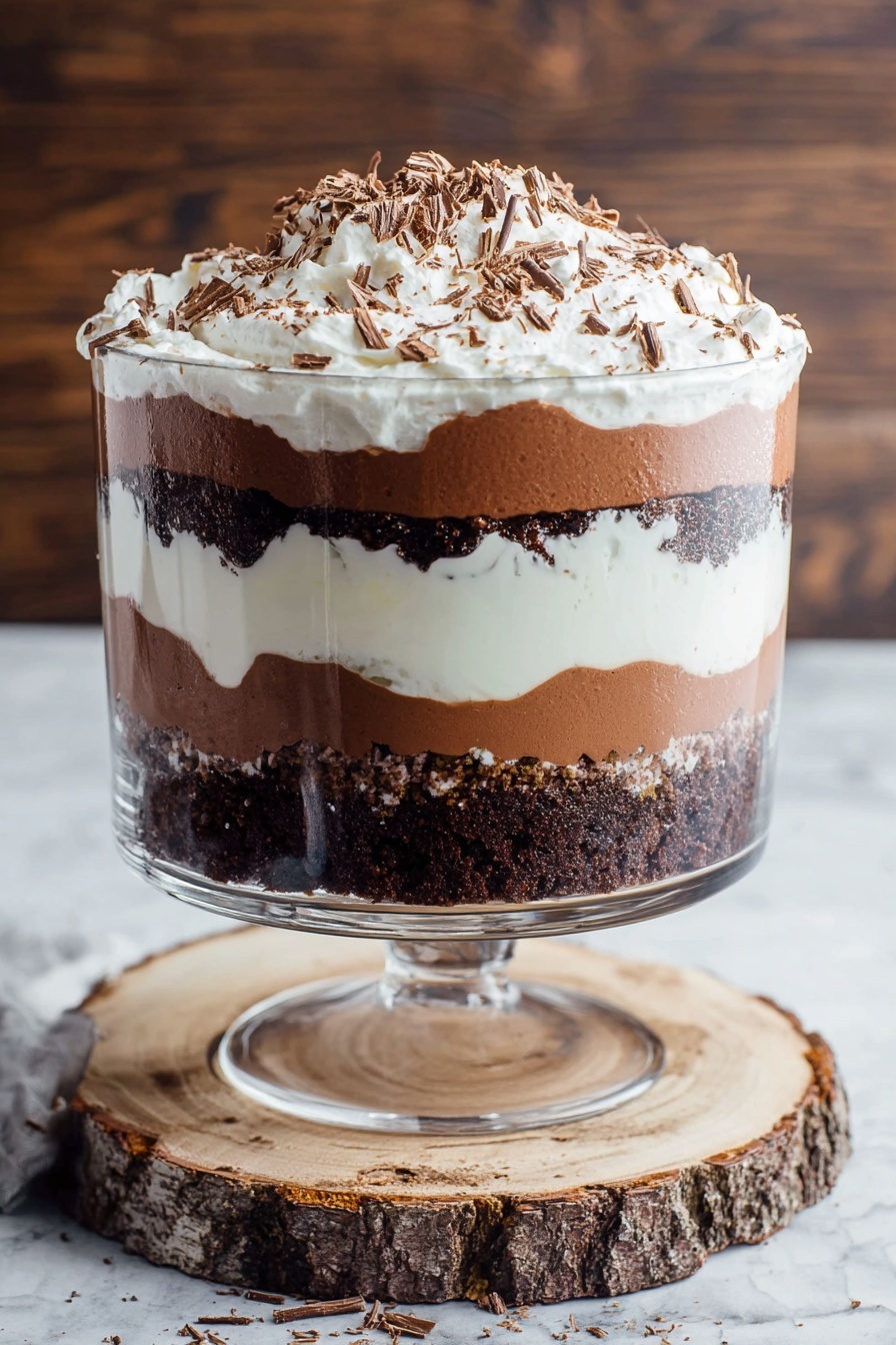 Chocolate Brownie Trifle, Chocolate Brownie dessert, layered brownie trifle, easy chocolate dessert, fudgy brownie trifle - A tall clear glass bowl shows a layered dessert with seven visible layers from bottom to top: dark chocolate cake crumbs, white creamy layer, smooth milk chocolate layer, another layer of dark chocolate cake crumbs, white creamy layer, light brown chocolate mousse layer, and a top thick white whipped cream layer sprinkled with fine dark chocolate shavings. The bowl sits on a round piece of wood with bark on the edges, all placed on a white marbled surface. Photo taken with an iphone --ar 2:3 --v 7