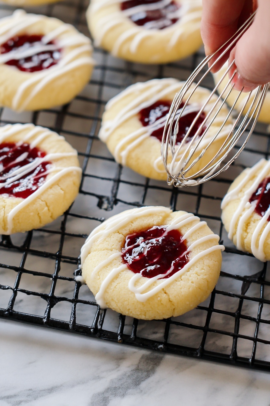 Raspberry Thumbprint Cookies, raspberry jam cookies, Thumbprint cookie recipe, fruity buttery cookies, easy holiday cookies - The image shows round cookies with a thumbprint center filled with dark red jam, placed on a black cooling rack over a white marbled surface. Each cookie has a pale yellow dough base with a smooth texture. White icing is being drizzled in thin stripes over the cookies by a metal whisk held by a woman's hand from the right side of the image. The jam in the cookie centers has a glossy surface, creating a shiny contrast with the soft, matte cookie dough. Photo taken with an iphone --ar 2:3 --v 7