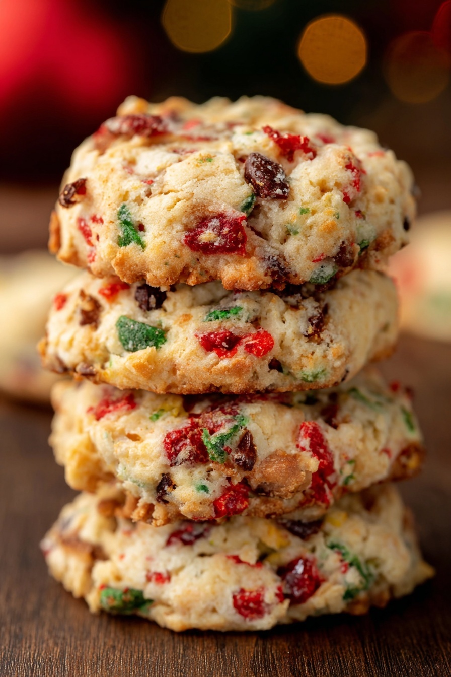 Fruitcake Cookies, holiday fruitcake cookies, fruity cookie recipes, chewy fruit cookies, festive cookie ideas - A stack of four round cookies is shown, each cookie thick and textured with a golden-brown base mixed with white dough. The cookies have colorful bits of red, green, and brown scattered throughout, giving a festive look. The surface of the cookies shows rough, slightly cracked edges with the red pieces appearing shiny and slightly soft, while the green and brown parts add contrast and texture. The stack is placed on a dark wooden surface with a softly blurred background in warm tones. Photo taken with an iphone --ar 2:3 --v 7