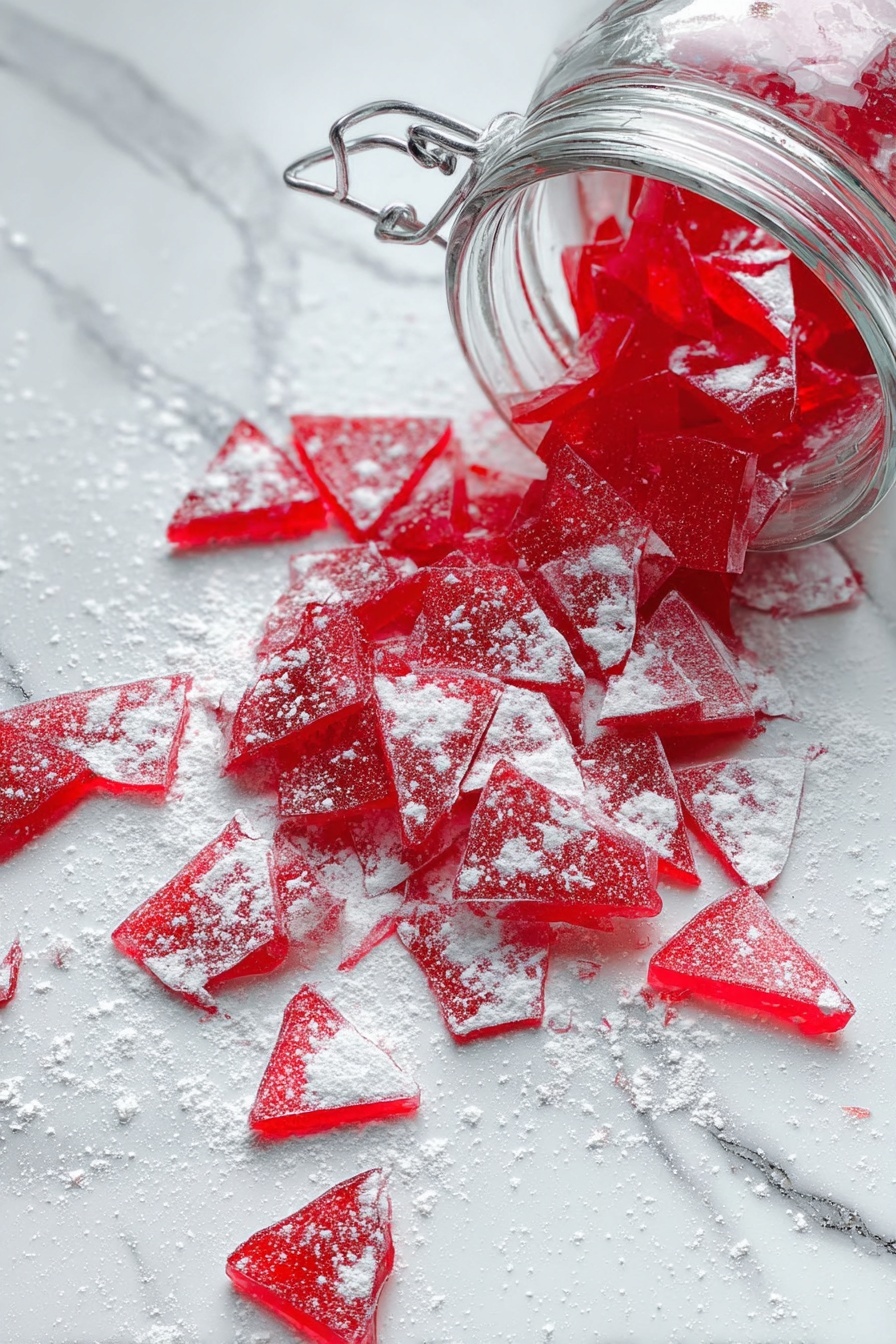 Cinnamon Rock Candy, rock candy candy sticks, homemade cinnamon candy, crunchy cinnamon sweets, easy rock candy recipe - The image shows many pieces of red candy broken into different shapes and sizes scattered on a white marbled surface. The candy pieces are translucent with a shiny texture and are dusted with white powder. The pieces vary in thickness and have sharp edges, forming triangles and irregular polygons. The white marbled background has subtle veins and adds contrast to the bright red candy shards. photo taken with an iphone --ar 2:3 --v 7
