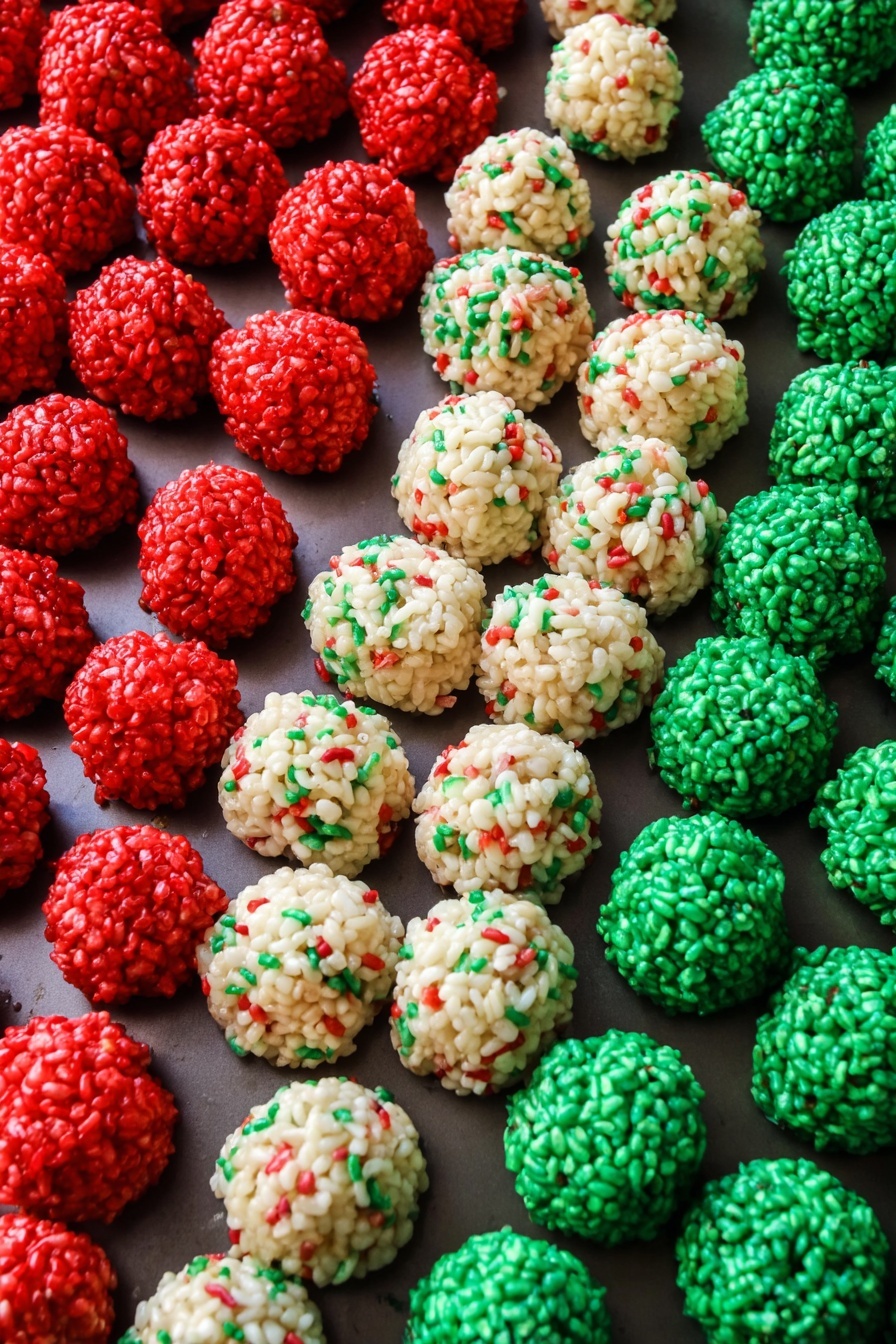 Christmas Rice Krispie Treats Bites, festive rice krispie treats, holiday marshmallow treats, Christmas party snacks, easy Christmas treats - The image shows many small round rice treats in three colors: red, white, and green. They are arranged in three groups on a tray with a dark surface. Each treat looks shiny and has small sprinkles inside with tiny bits of red, green, and white colors mixed in. The shapes of the treats are almost perfect spheres and they fill the tray closely but not stacked. The red treats are on the left side, the white treats are in the middle, and the green treats are on the right side. Photo taken with an iphone --ar 2:3 --v 7