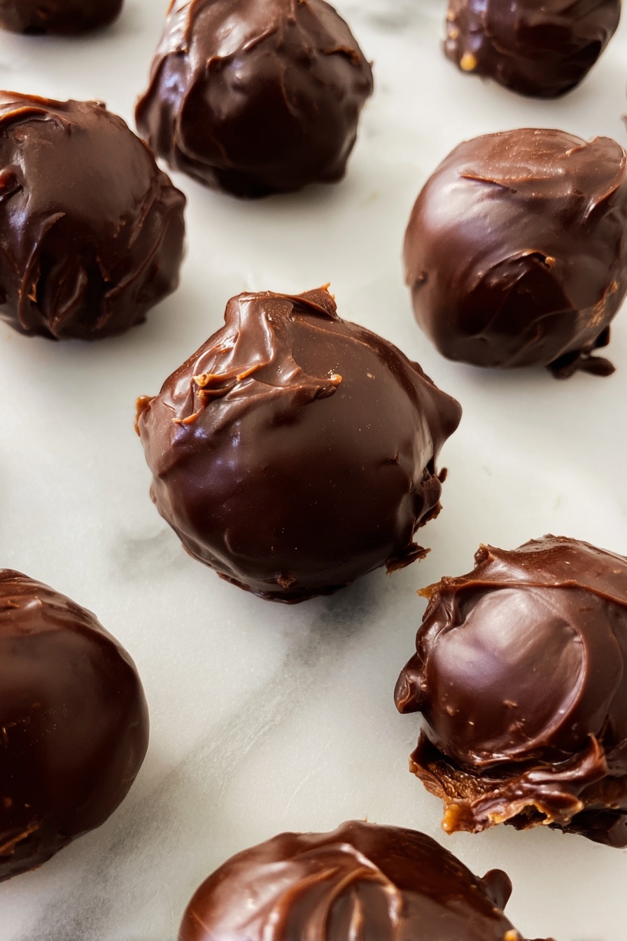 Malted Milk Balls, Malted Milk Balls Recipe, Homemade Malted Milk Candy, No-Bake Malted Milk Treats, Easy Malted Milk Confections - The image shows a group of round chocolate truffles with shiny, slightly rough textured chocolate coating. Each truffle is unevenly covered, with small peaks and swirls in the chocolate, giving a homemade look. They rest scattered on a white marbled surface, and the lighting highlights the rich, dark brown color of the chocolate with some reflections on the smooth parts. Photo taken with an iphone --ar 2:3 --v 7