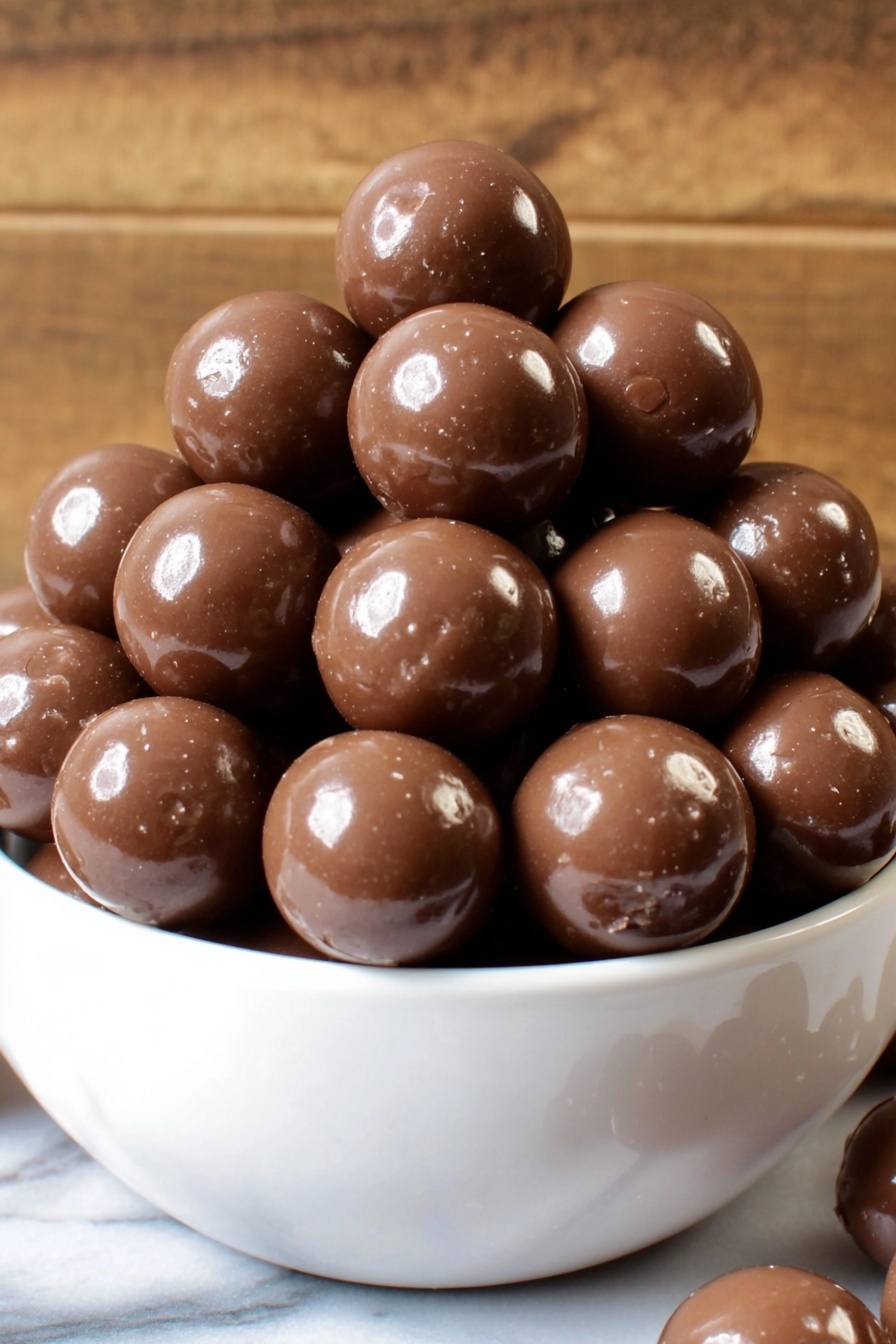 Malted Milk Balls, Malted Milk Balls Recipe, Homemade Malted Milk Candy, No-Bake Malted Milk Treats, Easy Malted Milk Confections - A white bowl filled with a pile of shiny, smooth milk chocolate balls, stacked in several layers with some balls resting on top and others tightly packed around the sides, all showing reflections of light on their glossy surfaces. The bowl sits on a white marbled surface with a blurry wooden background. Photo taken with an iphone --ar 2:3 --v 7