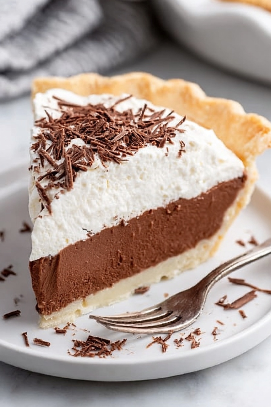 French Silk Chocolate Pie, chocolate pie recipe, homemade chocolate pie, rich chocolate dessert, easy chocolate pie - A slice of chocolate pie with three layers is shown on a white plate. The bottom layer is a light, flaky crust in a pale beige color. Above that is a thick, smooth middle layer of rich brown chocolate filling. The top layer is a fluffy, white whipped cream spread evenly, sprinkled with small, thin chocolate shavings. Some chocolate shavings also lie on the plate around the slice. A silver fork rests beside the pie on the plate, all set on a white marbled surface. Photo taken with an iphone --ar 2:3 --v 7