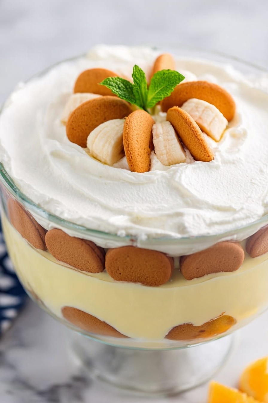 Rich Banana Pudding Dessert, Banana Pudding dessert recipe, creamy banana pudding, easy banana pudding, homemade banana pudding - This image shows a dessert in a clear glass bowl with multiple layers. The bottom layer in the bowl is creamy pale yellow pudding or custard. Above it, there is a layer of brown round cookies or biscuits placed vertically and closely together around the edge. Another layer of the same pale yellow pudding is on top of the cookies. The top layer is white whipped cream spread smoothly to cover the whole surface. On the center of the whipped cream, there are three orange cookies and three slices of banana arranged in a small pile with a small green mint leaf on top. The bowl is placed on a white marbled surface. Photo taken with an iphone --ar 2:3 --v 7